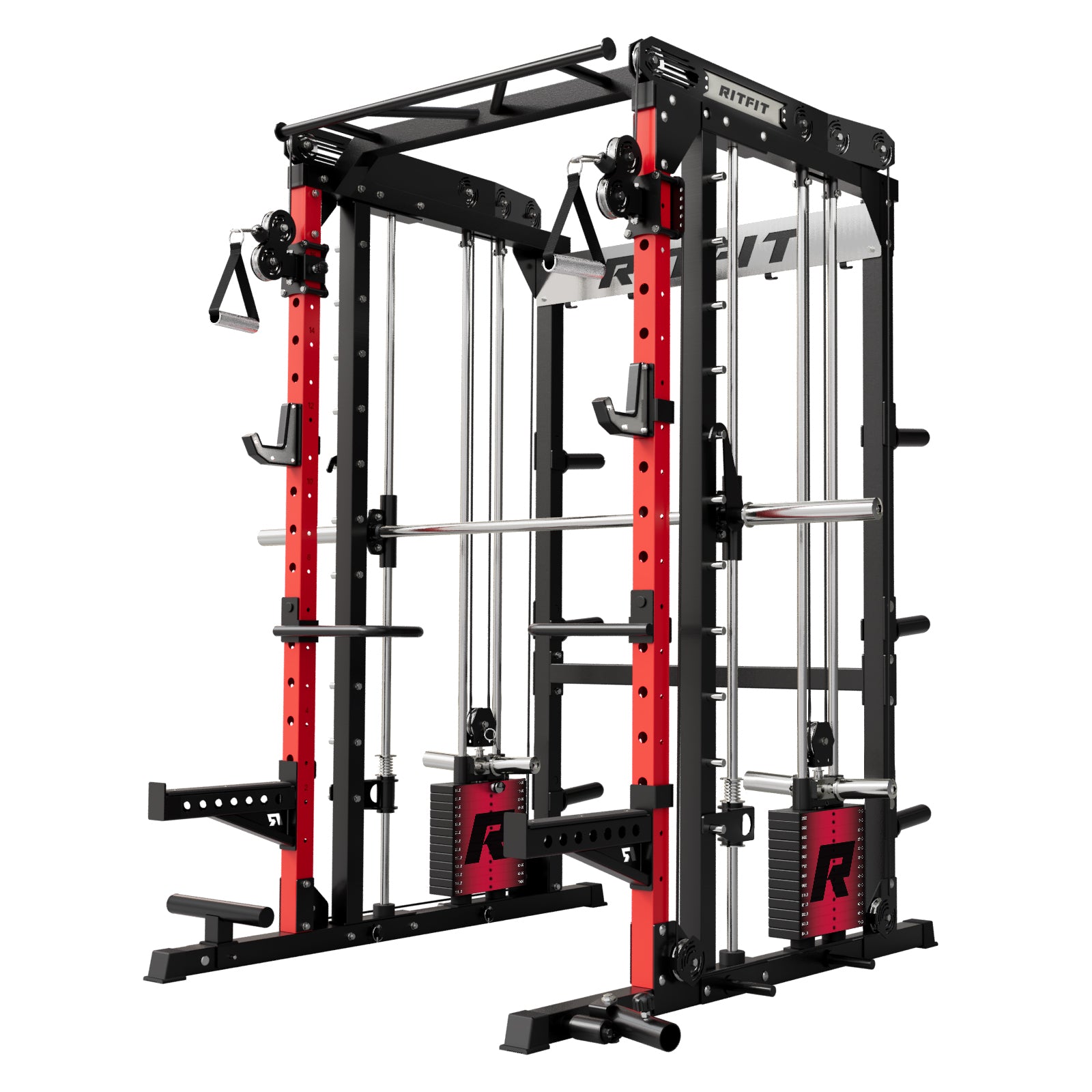 RitFit M2 Multi-Functional Modular Home Gym Smith Machine rack with adjustable components and safety bars for versatile strength training.