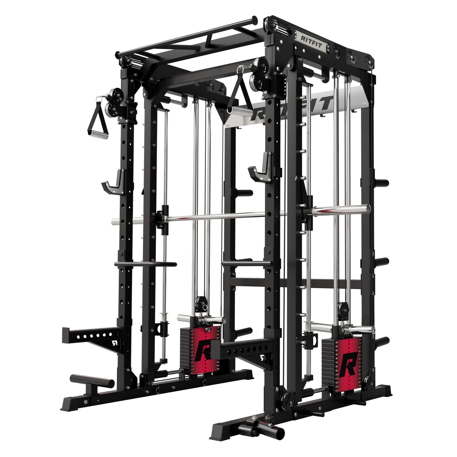 RitFit M2 Multi-Functional Modular Home Gym Smith Machine rack with adjustable bars and weight supports for versatile strength training.