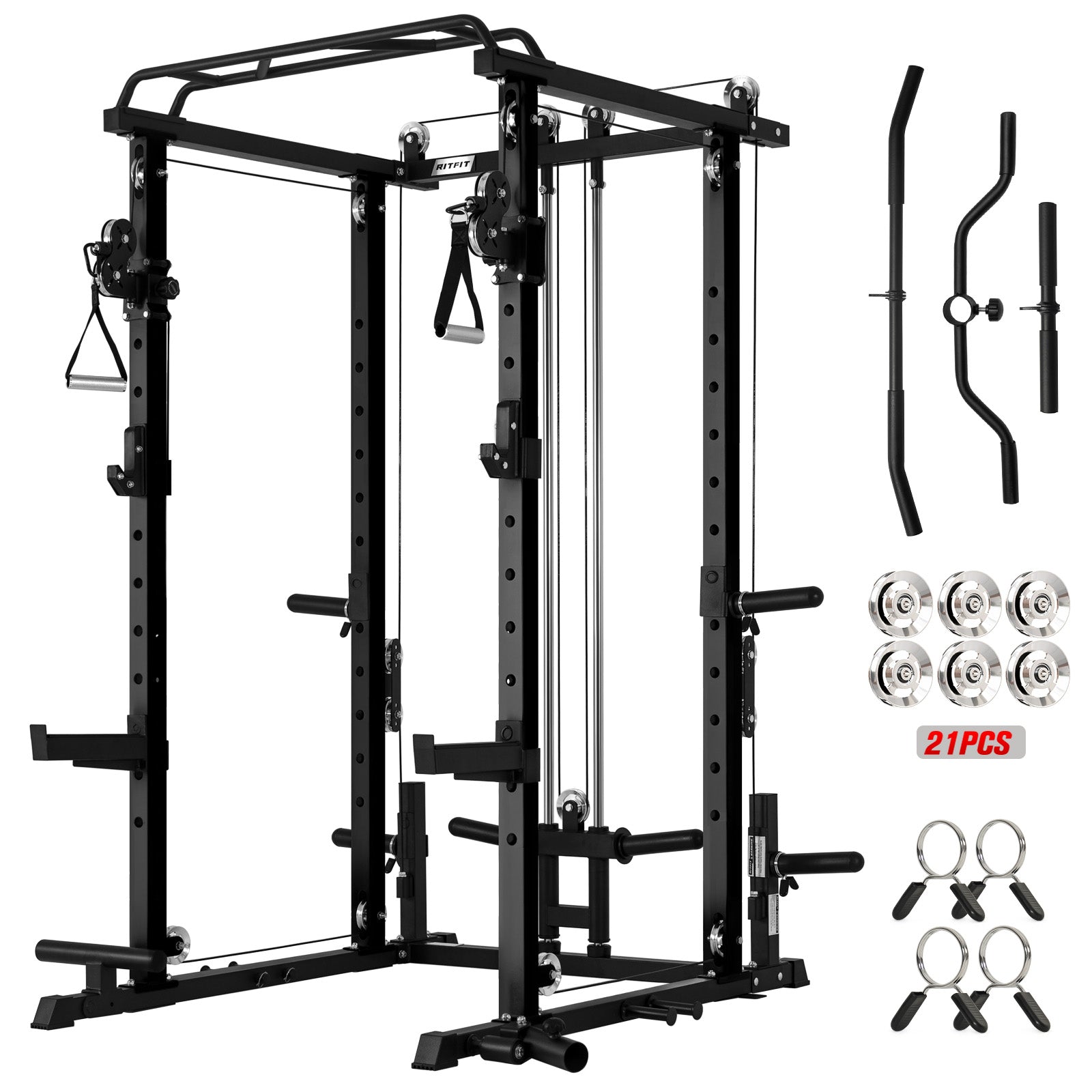 Black fitness power rack with attachments on a white background