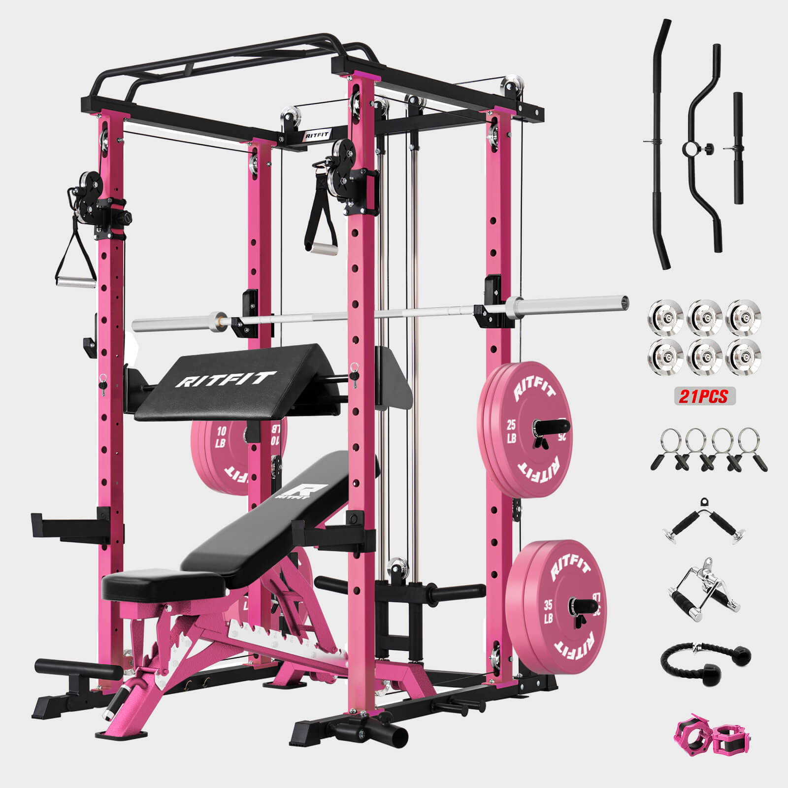 Pink gym power rack with bench, weights, and accessories on a gray background