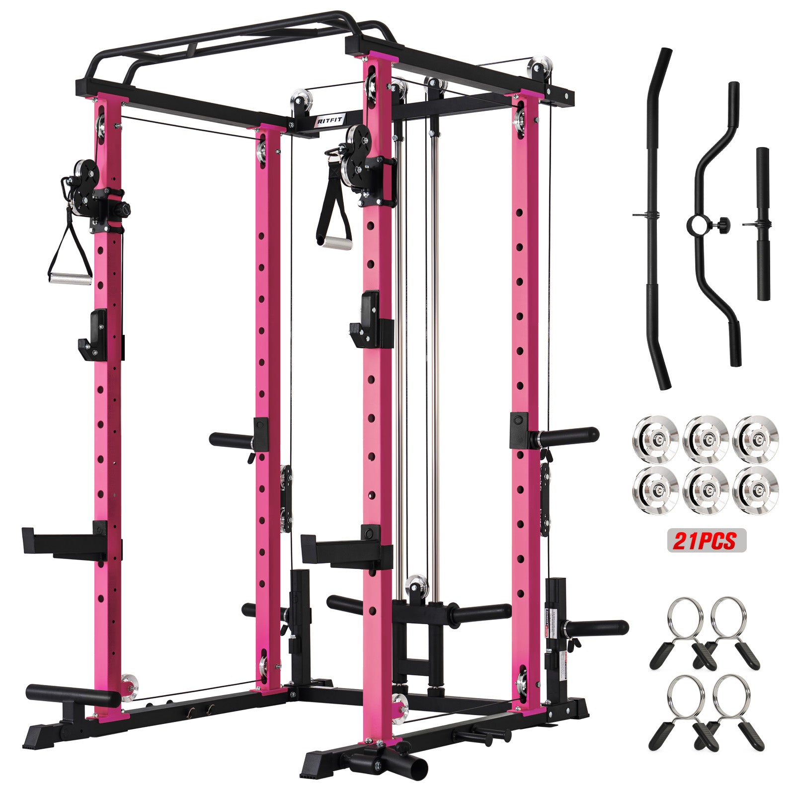 Pink and black power rack with attachments on a white background