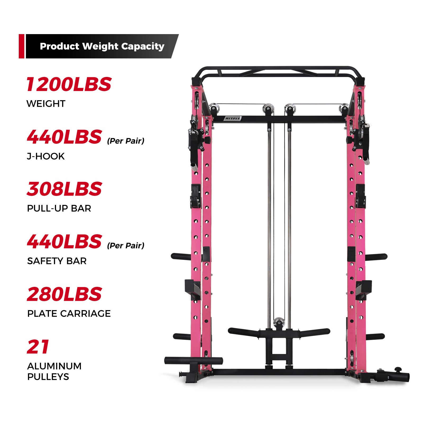Pink and black power rack with weight capacity specifications on a white background