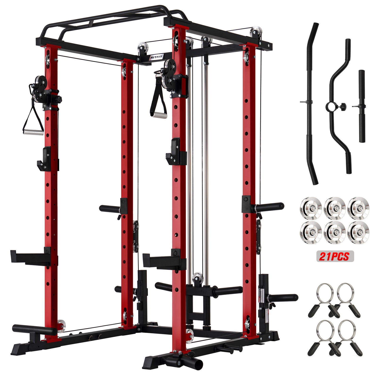 Red and black gym power rack with attachments on a white background