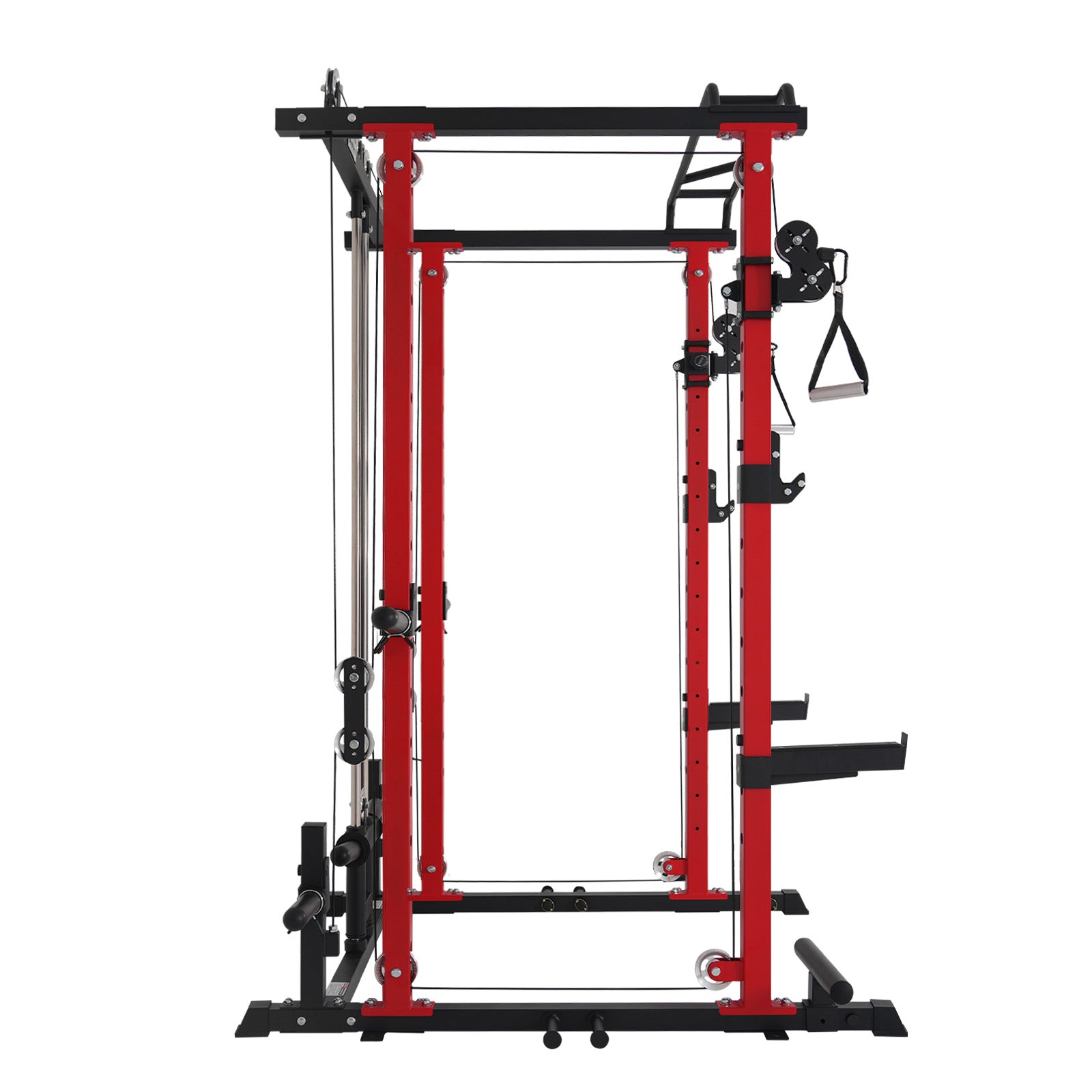 Red and black gym power rack on a white background