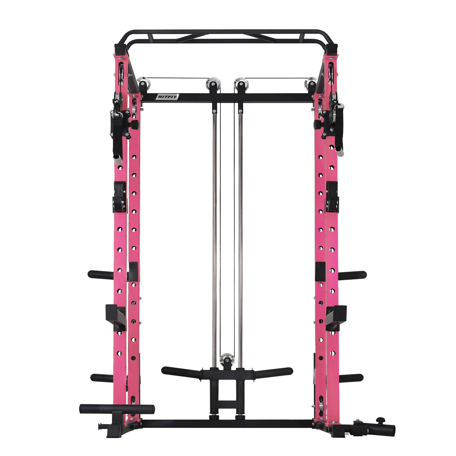 Pink and black power rack on a white background