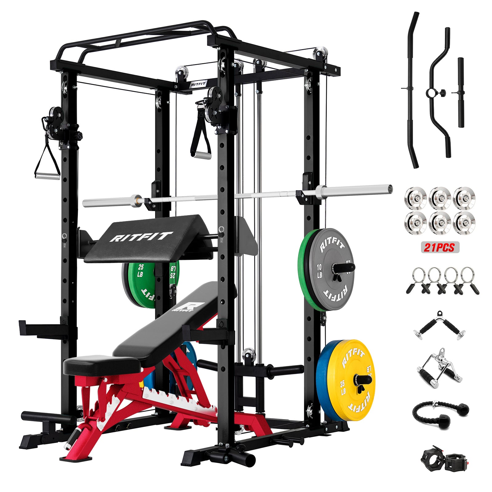 RitFit P3 Power Cage in black with 260-piece home gym package, includes weight rack and various workout accessories.
