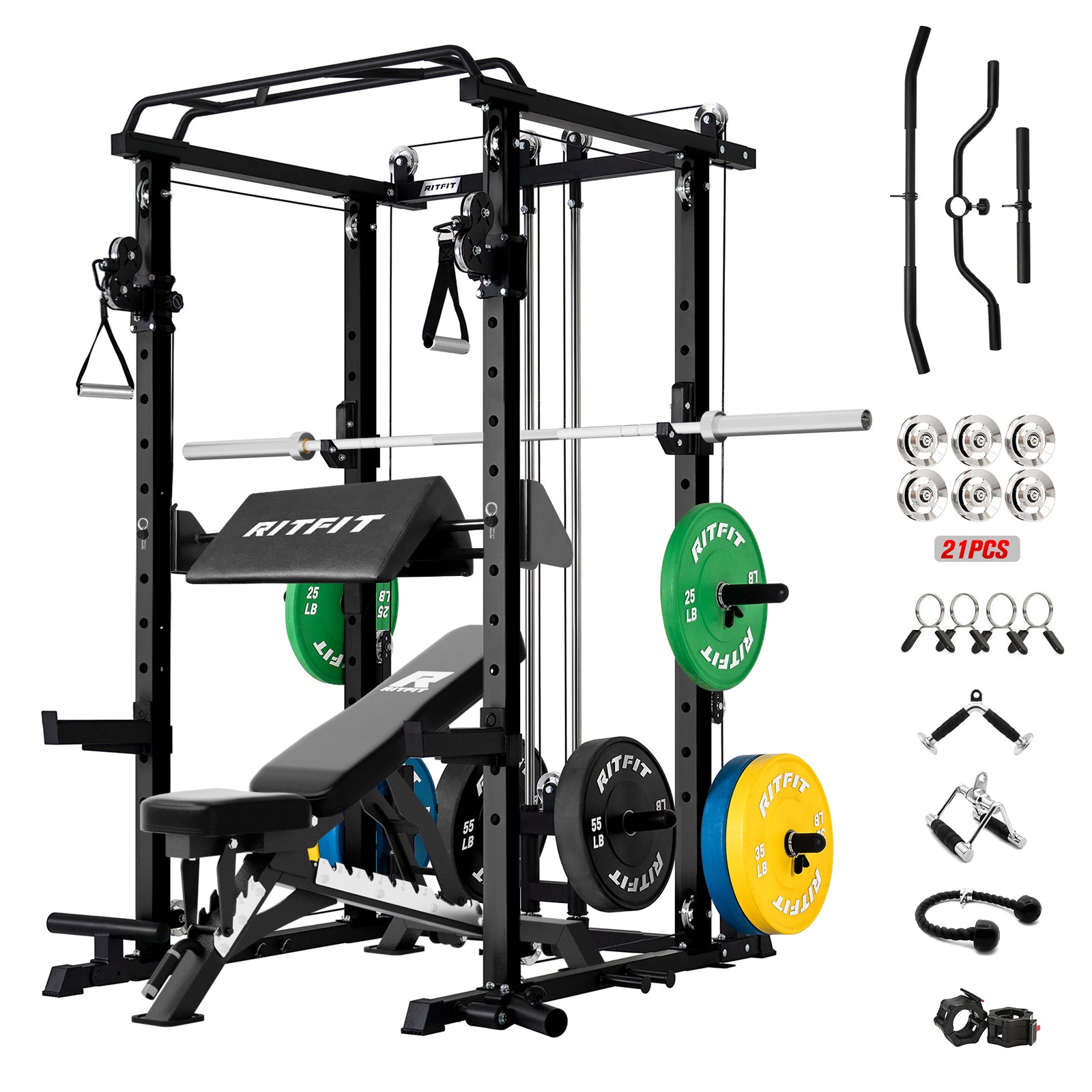 RitFit P3 Power Cage in black with 320-pound weight set, part of home gym package, sturdy steel construction for strength training.