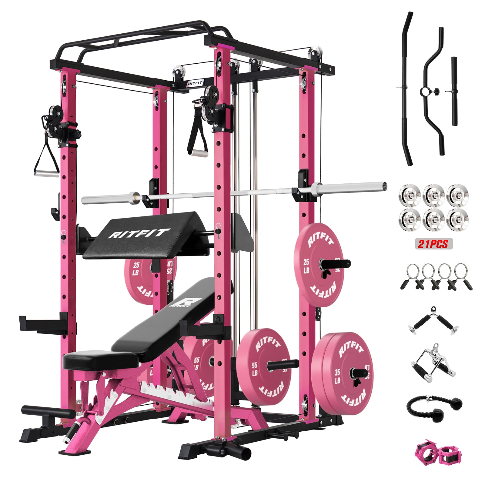 RitFit P3 Power Cage home gym package with pink rack and 320-pound weight set for strength training and fitness.