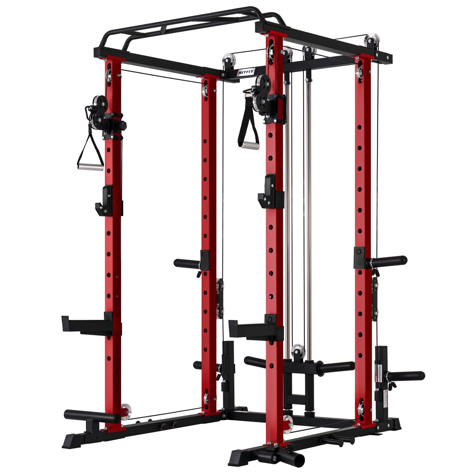 Red and black power rack on a white background