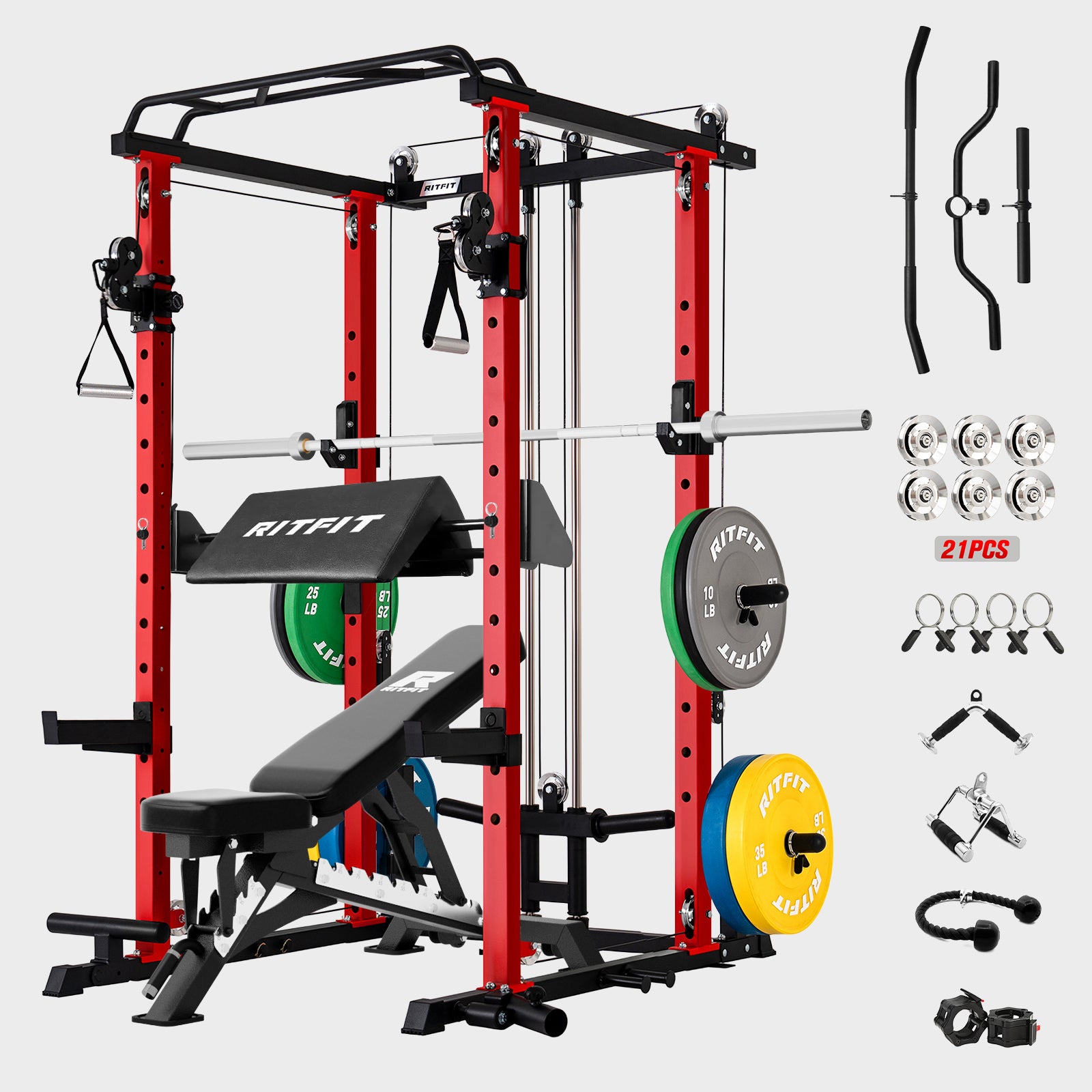 P3 red gym power rack with bench, weights, and accessories on a white background