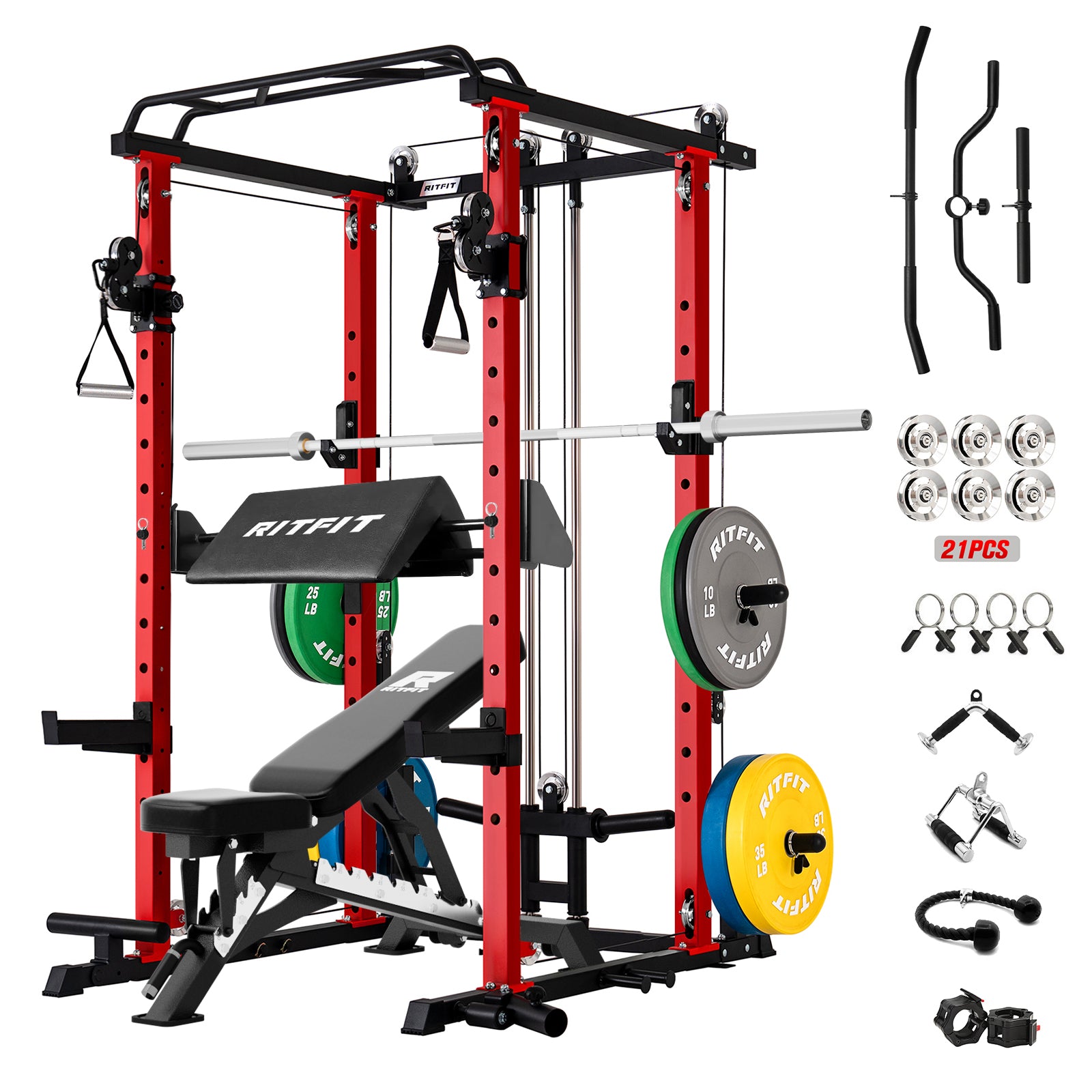 RitFit P3 Power Cage in red with 260-piece home gym package including weight racks and accessories for strength training.