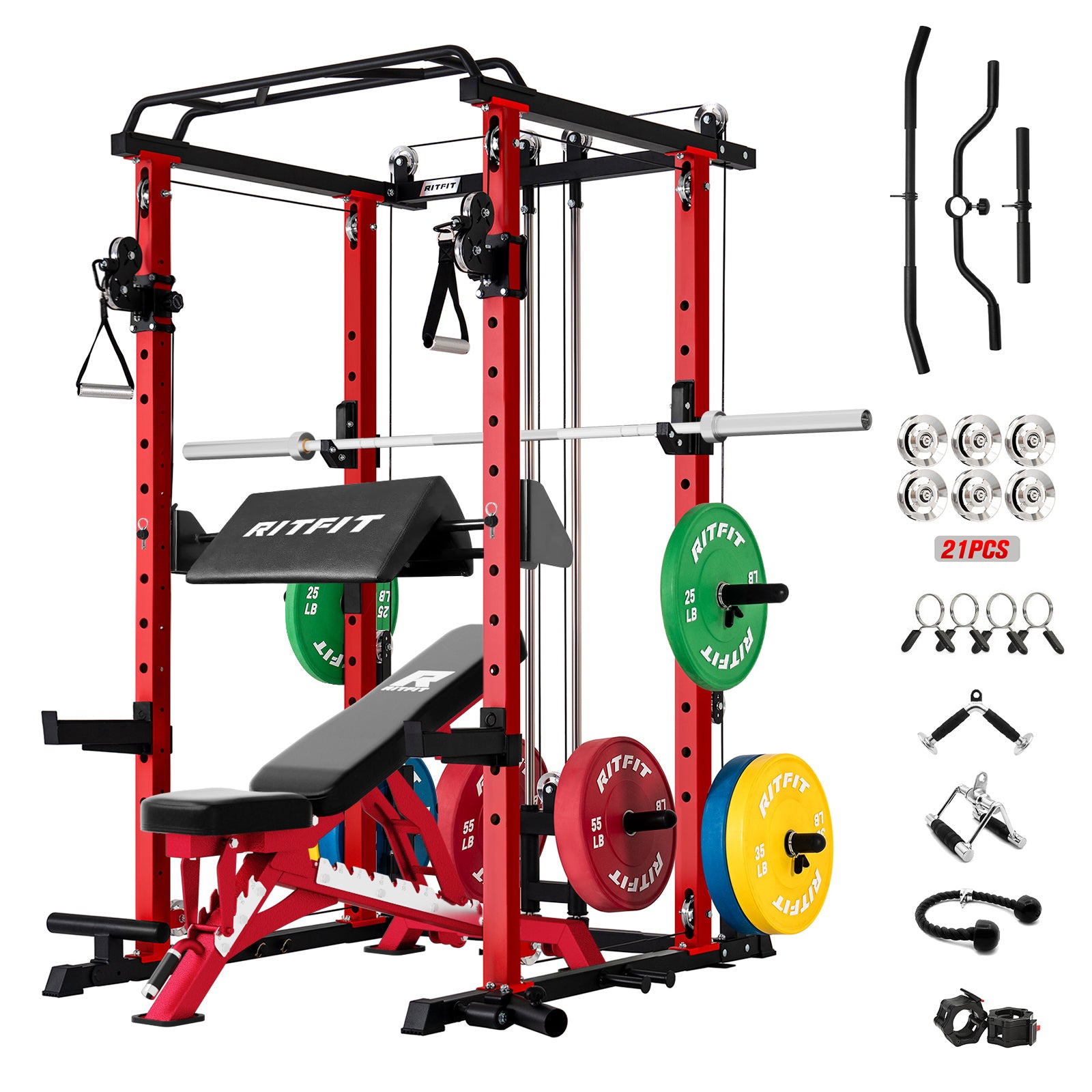 RitFit P3 Power Cage in red with 320-piece home gym package including weight racks and accessories.