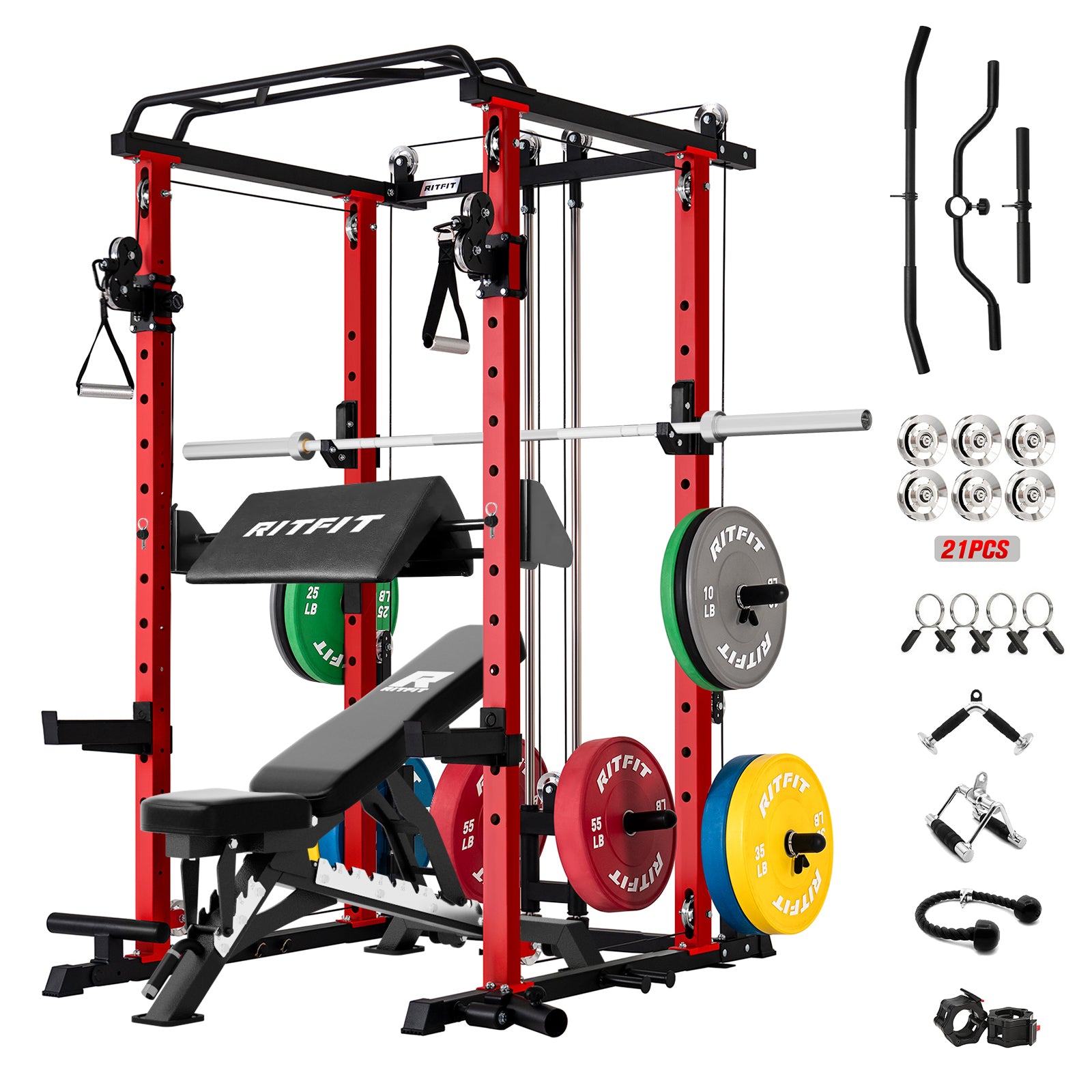 RitFit P3 Power Cage in red with 1200lbs capacity, part of home gym package, featuring adjustable safety bars and weight storage.