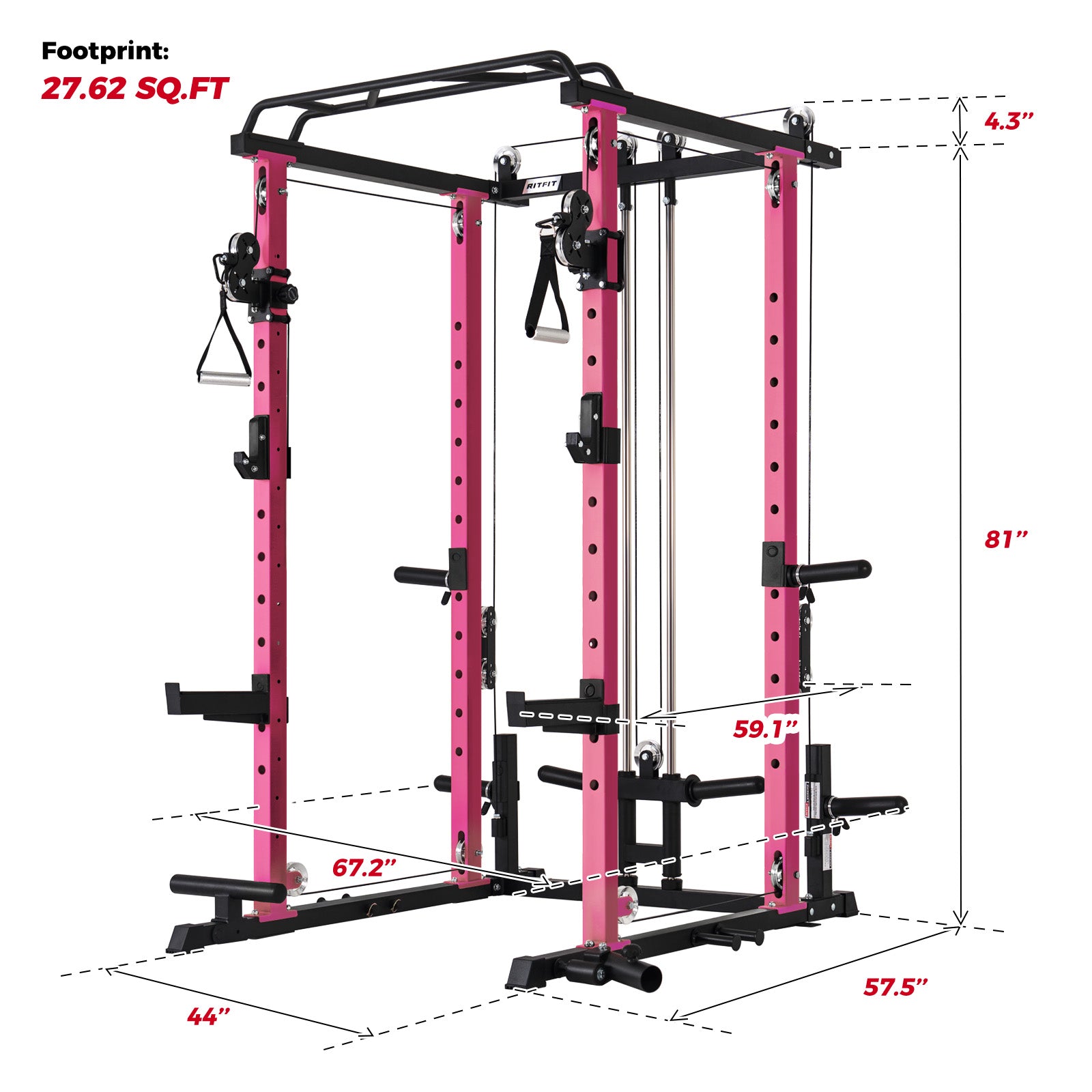 Pink and black power rack with dimensions and footprint information on a white background
