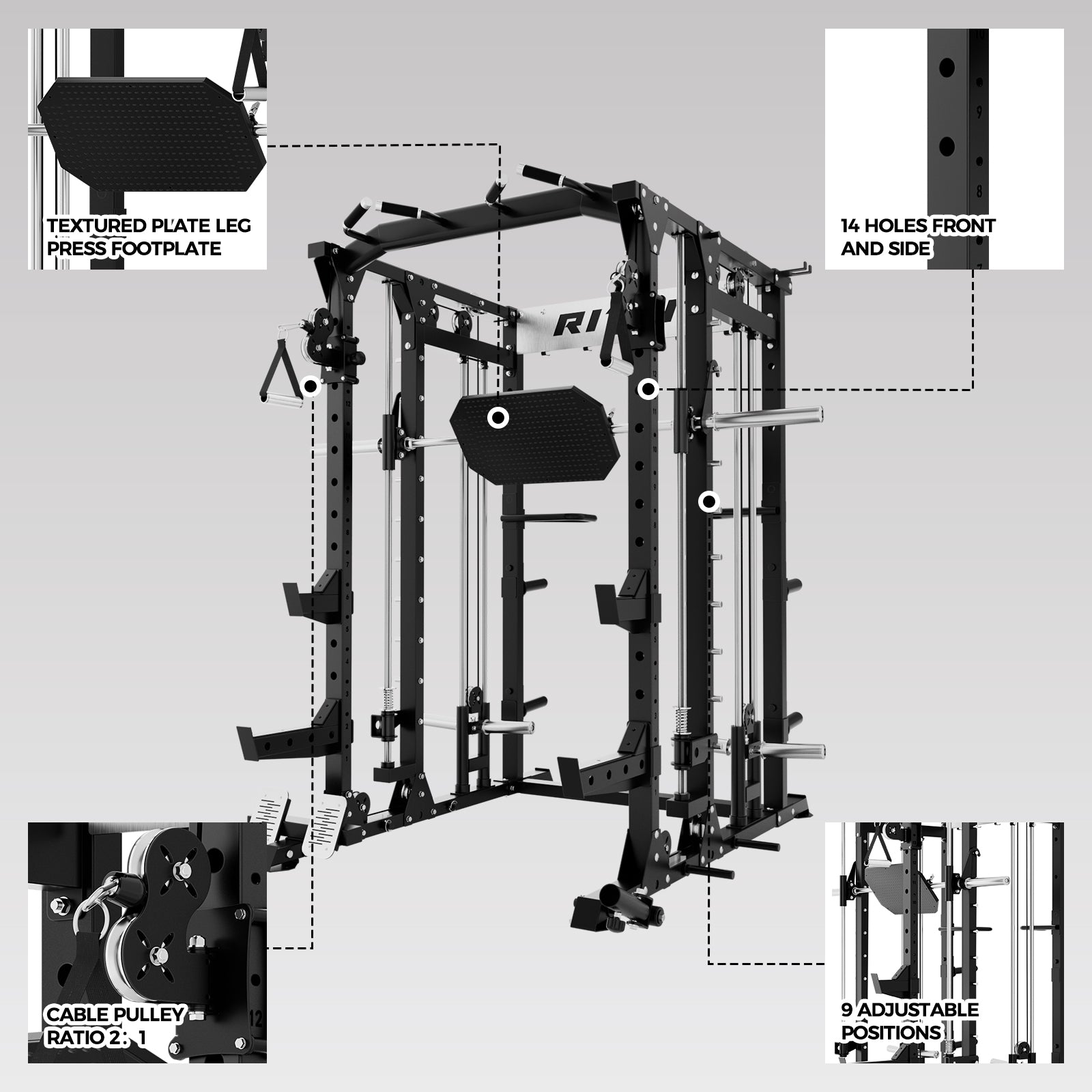 RitFit BUFFALO Multifunctional Smith Machine with Lat Pull Down and Cable Crossover for Versatile Strength Training