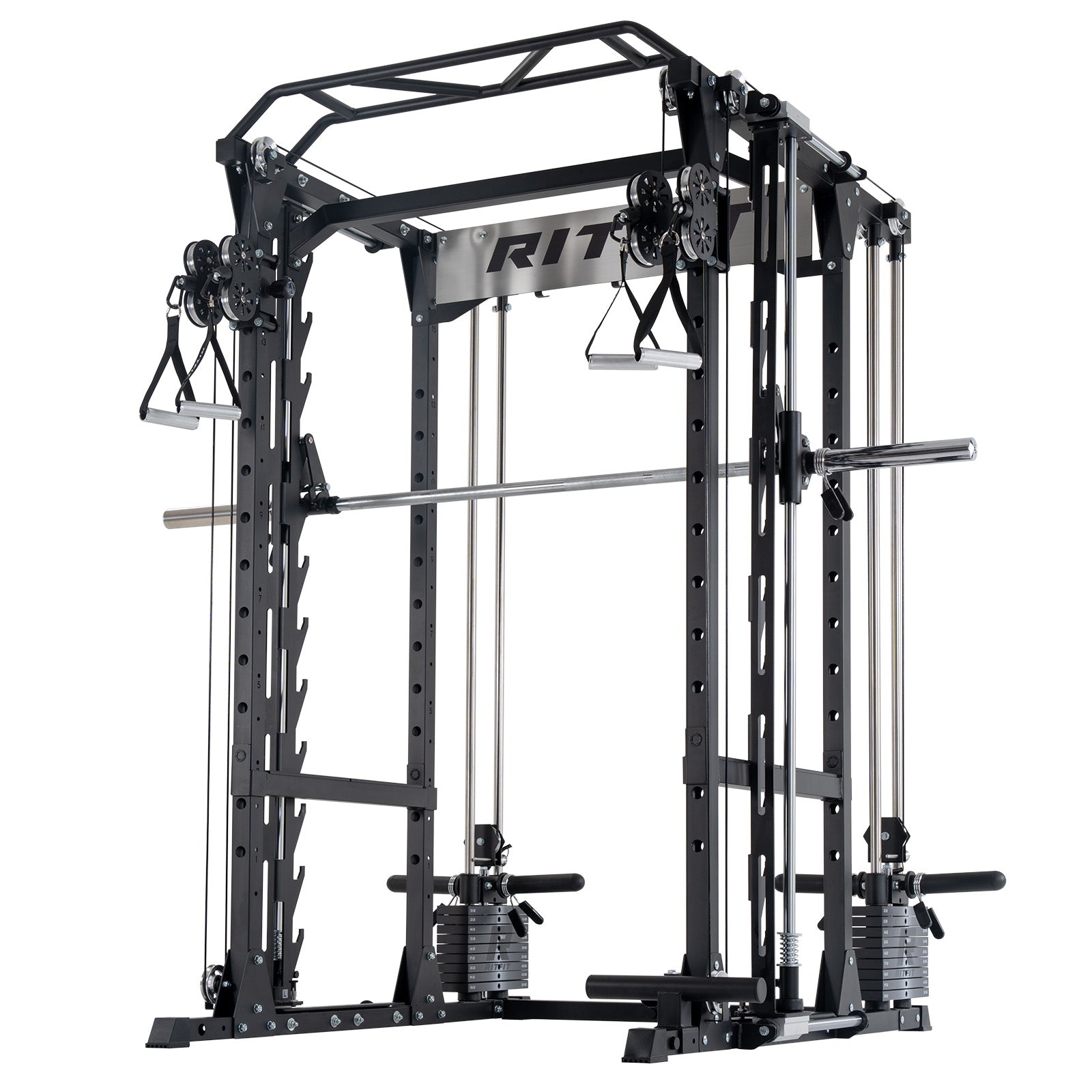 Black RitFit P9 modular power cage with 3D Smith machine and adjustable dual cable system