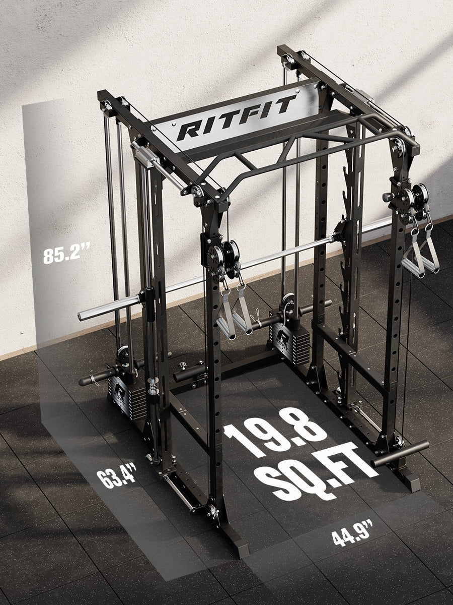 Black RITFIT all-in-one power rack with cable system and dimension overlays on gym floor
