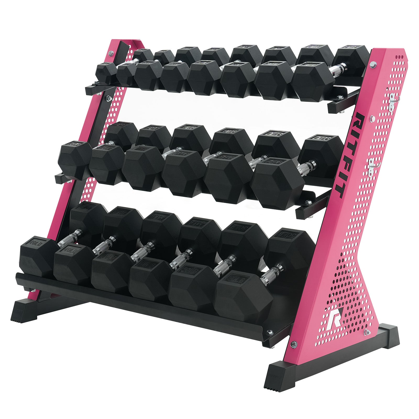 RitFit PWR05 Pink 3-Tier Weight Rack with Rubber Hex Dumbbell 550lbs