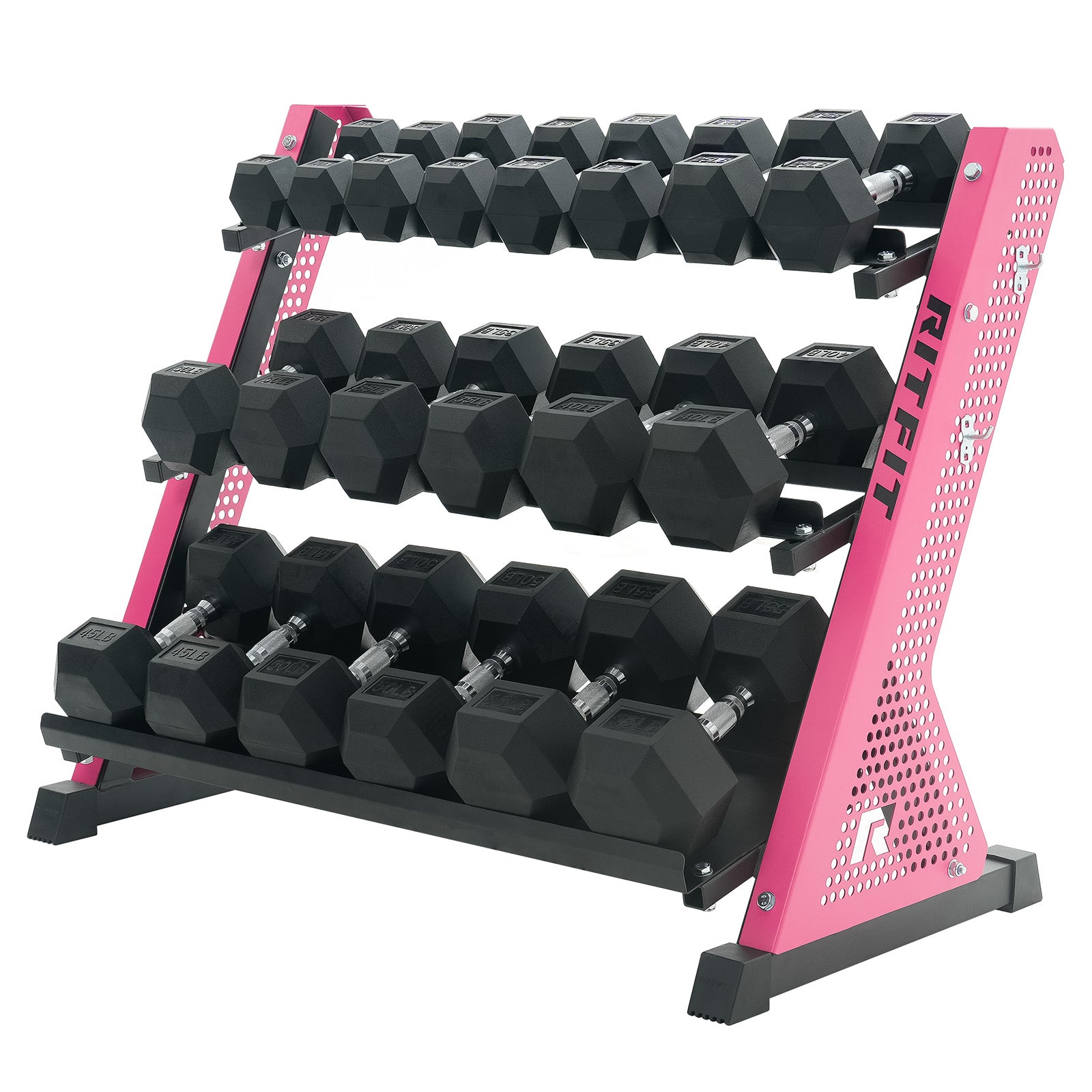 RitFit PWR05 Pink 3-Tier Weight Rack with Rubber Hex Dumbbell 650LBS