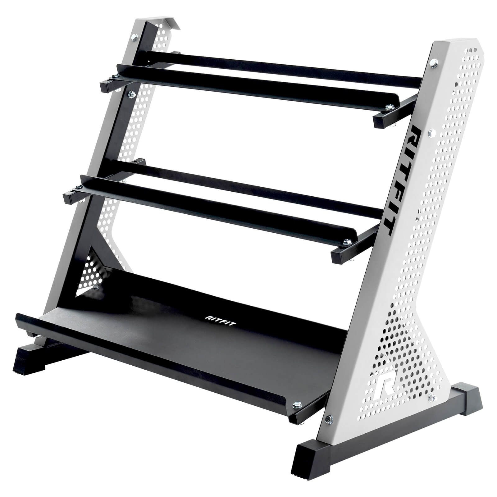 Silver RitFit PWR05 3-tier dumbbell weight rack holding various weights, designed for organized strength training storage.