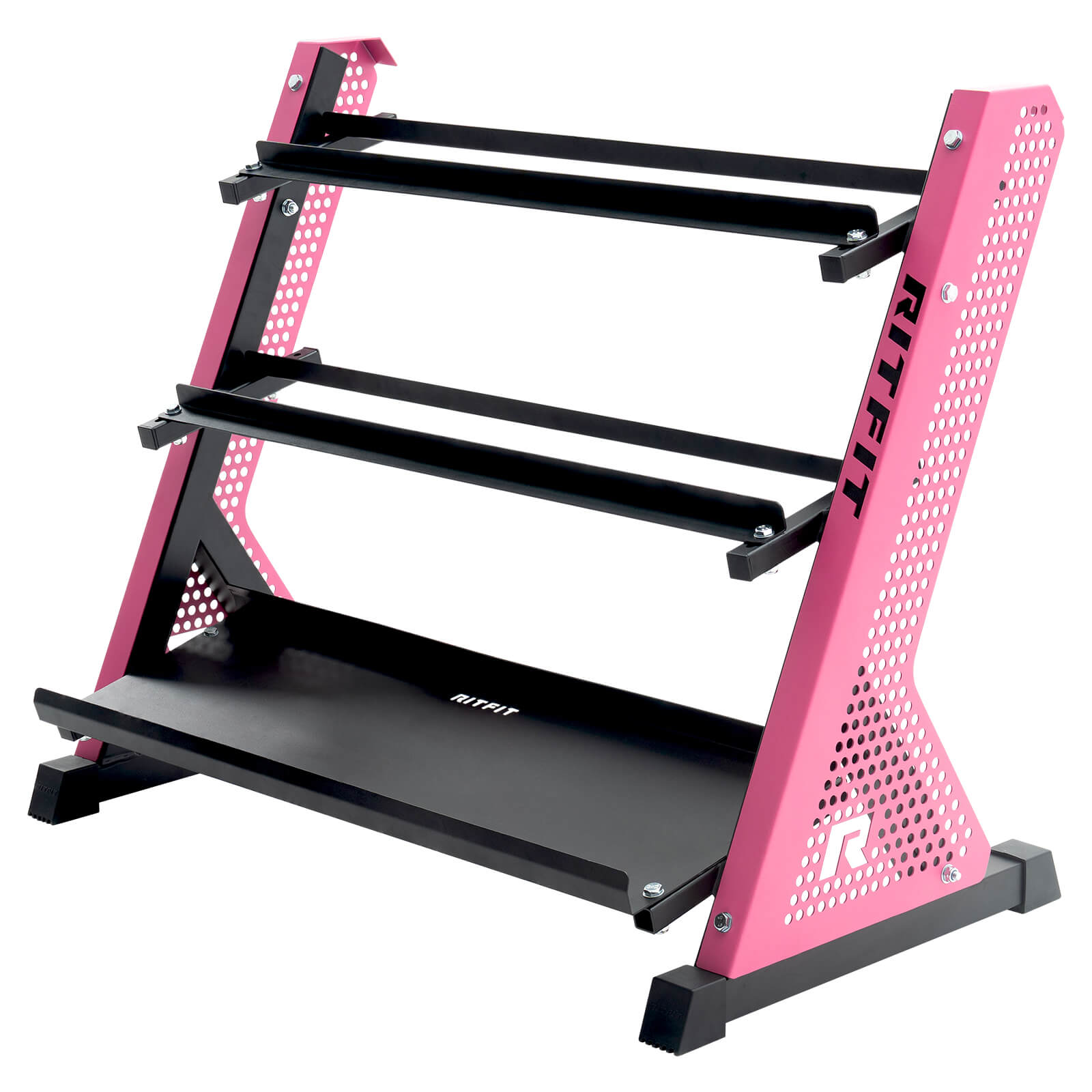 RitFit PWR05 3-tier pink dumbbell weight rack holding various weights for strength training and fitness workouts.