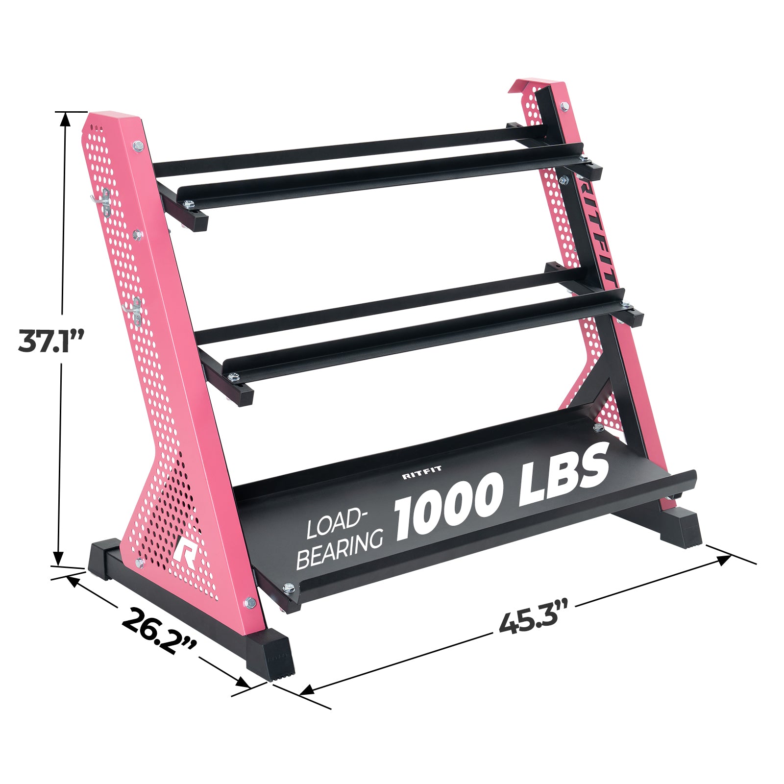RitFit PWR05 3-tier dumbbell weight rack with organized weights on a gym floor, showcasing durable metal construction.