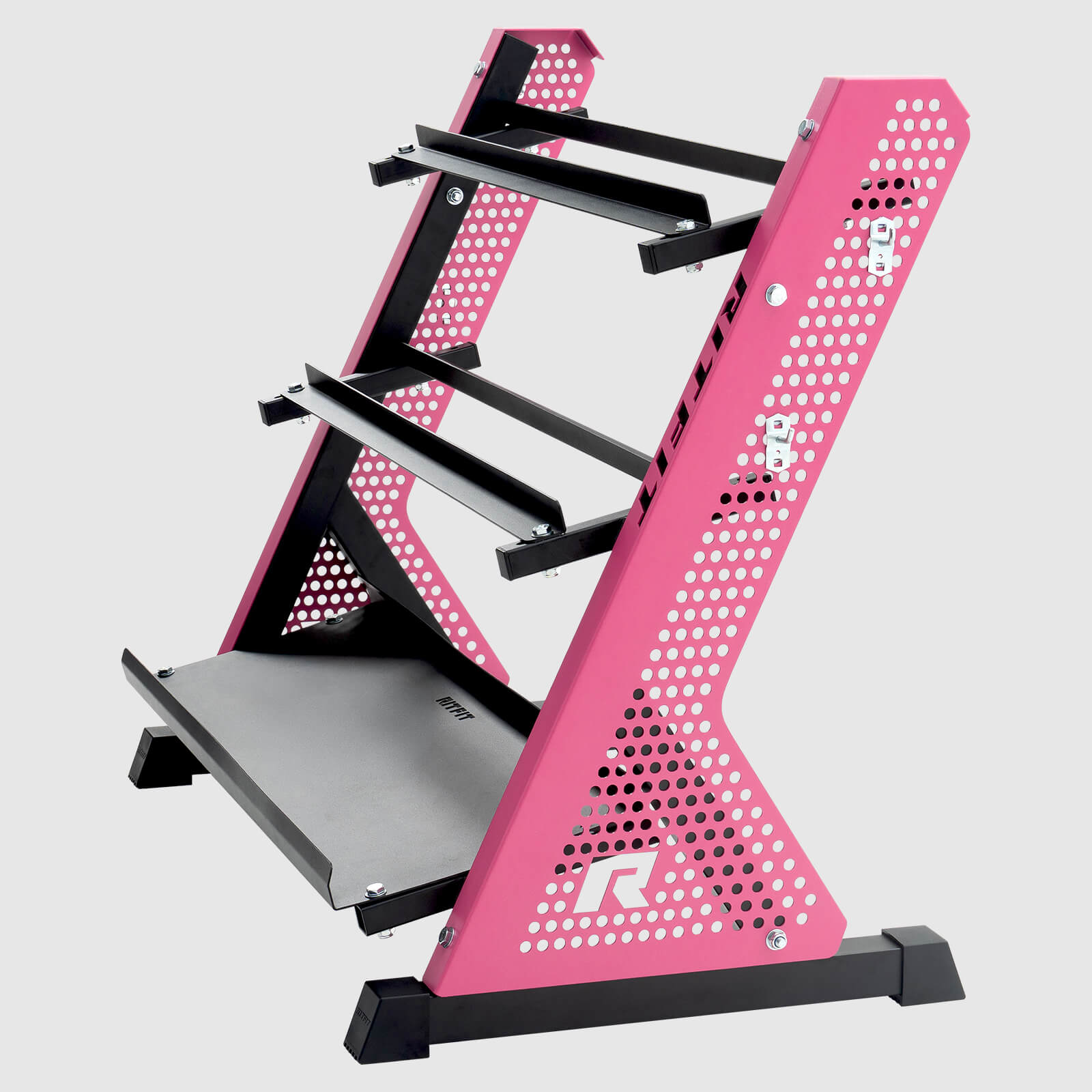 Pink RitFit PWR05 3-tier dumbbell weight rack with multiple storage shelves, shown from a side view.