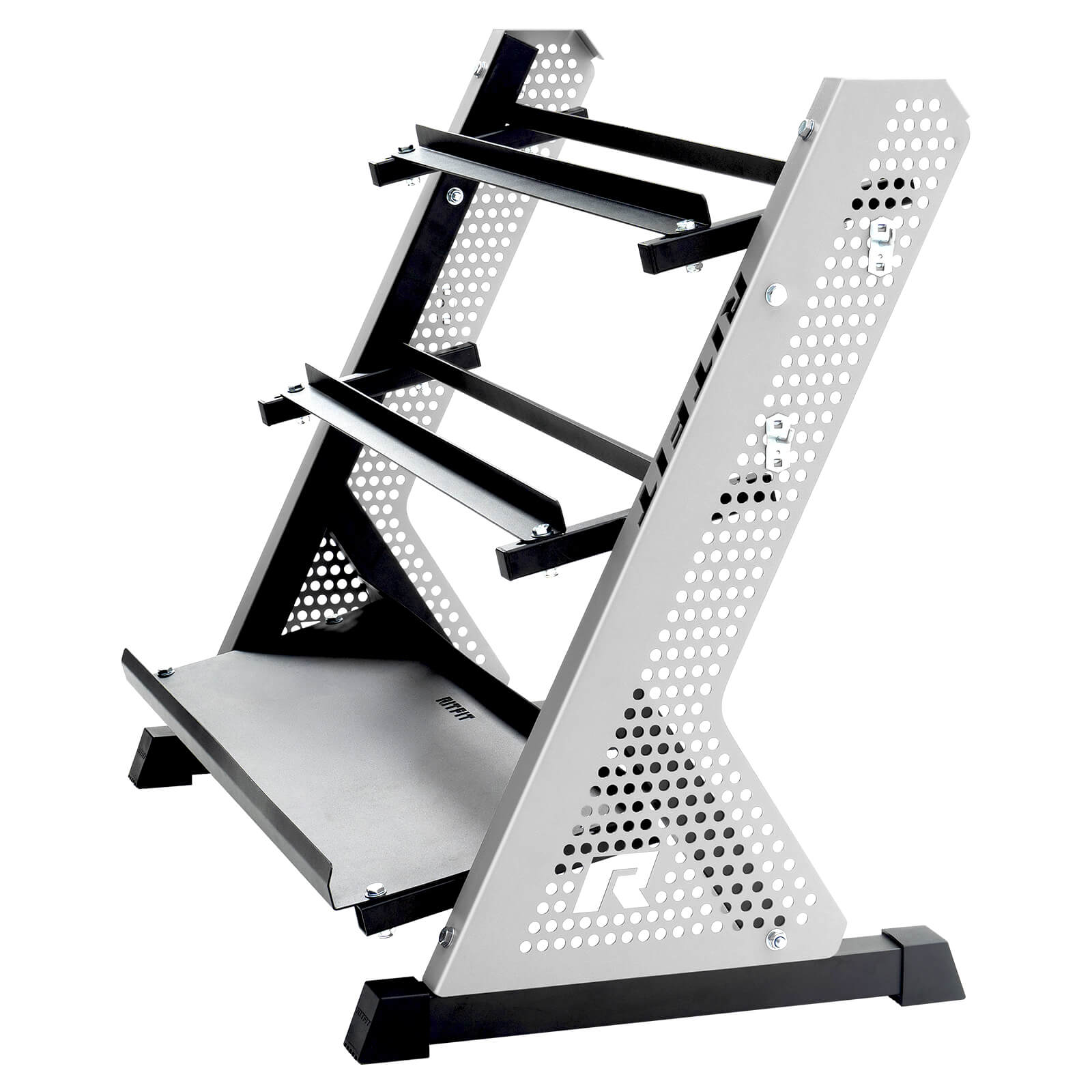 Silver RitFit PWR05 3-tier dumbbell weight rack with multiple storage slots, side view showcasing sturdy metal construction.