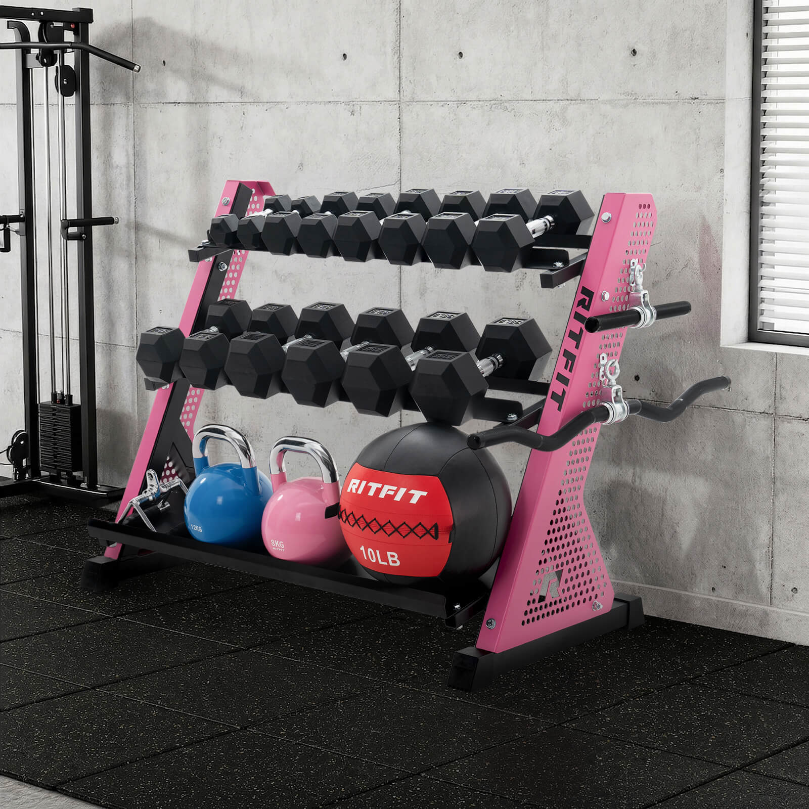 RitFit PWR05 3-tier dumbbell weight rack holding various gym weights in a fitness center.
