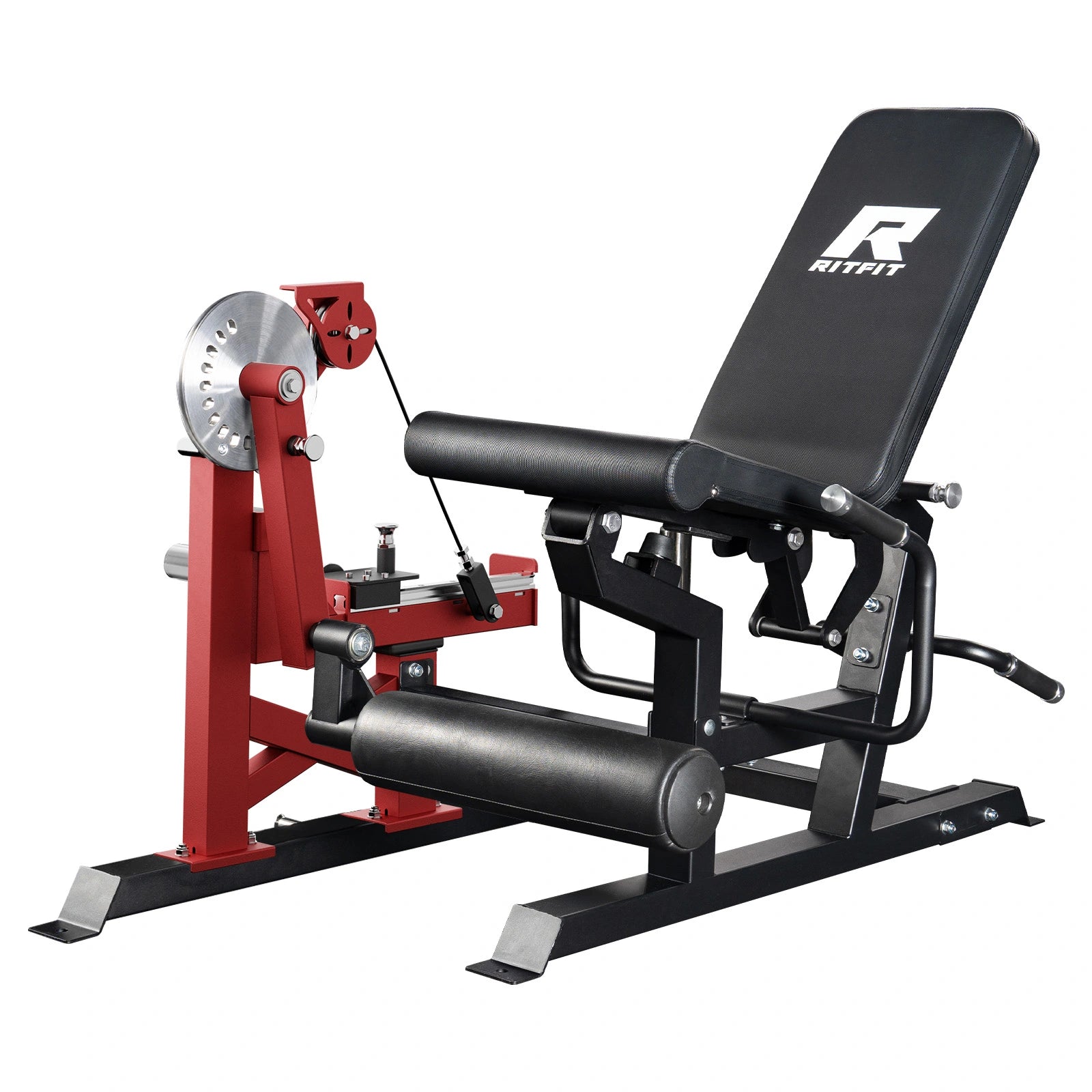 Red and black RitFit Mustang PRO Leg Extension Curl Machine with padded seat