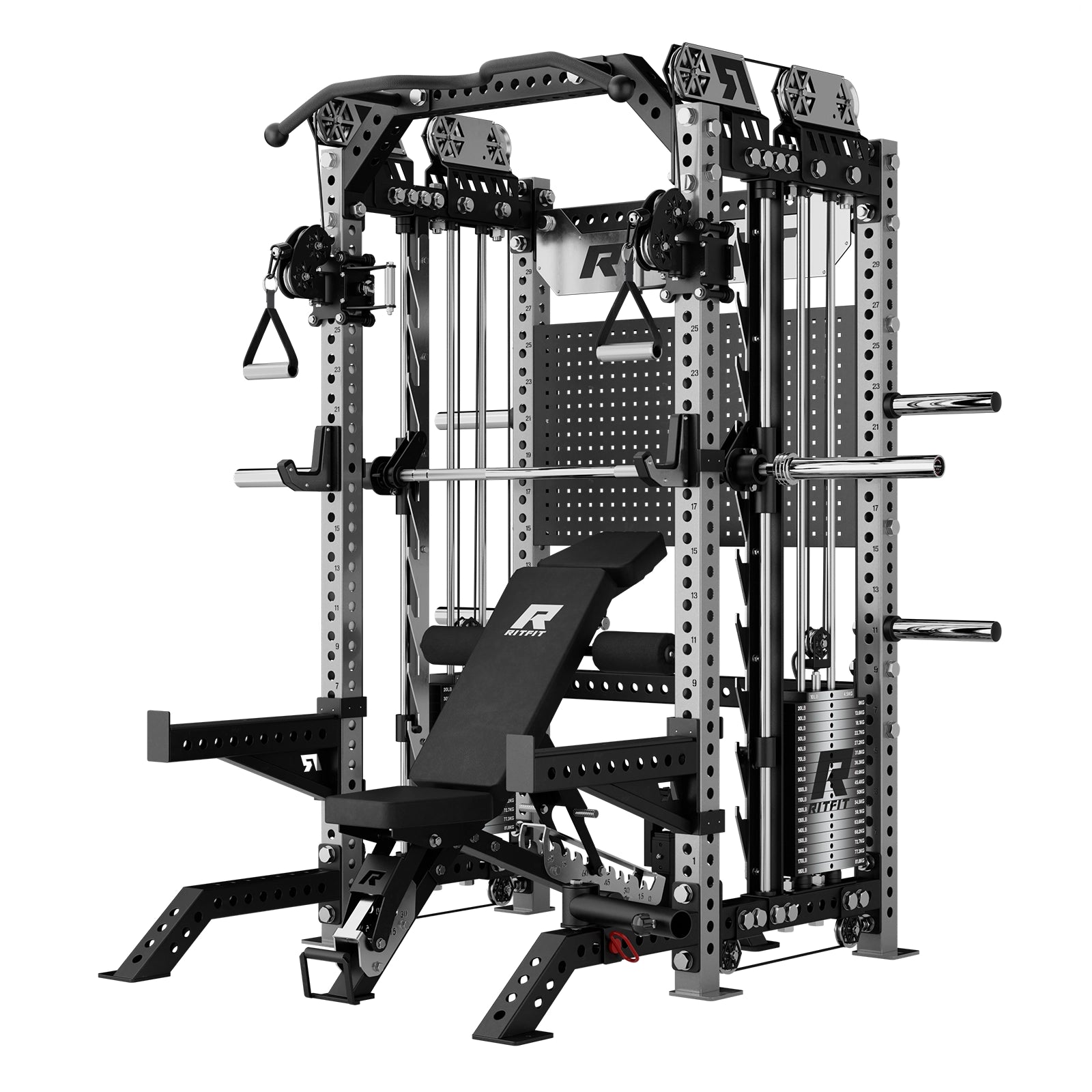 Black RitFit M3 Pro Home Gym Smith Machine Package with Cable Crossover and adjustable bench