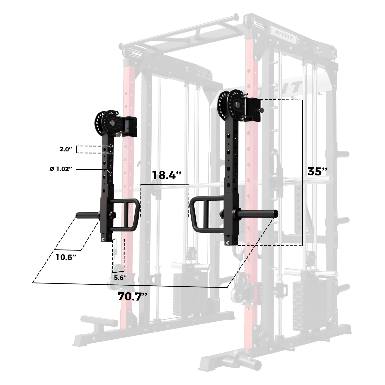 RitFit LAM2 Lever Arm Attachment for M2 workout equipment, shown attached with handles and adjustable components.