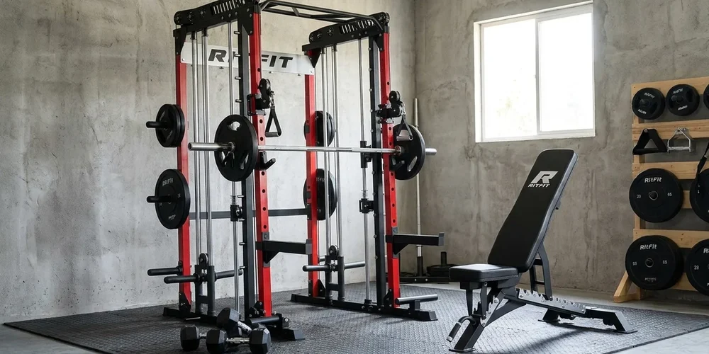Red and black Rift Fitness power rack with adjustable bench and weight plates in concrete home gym
