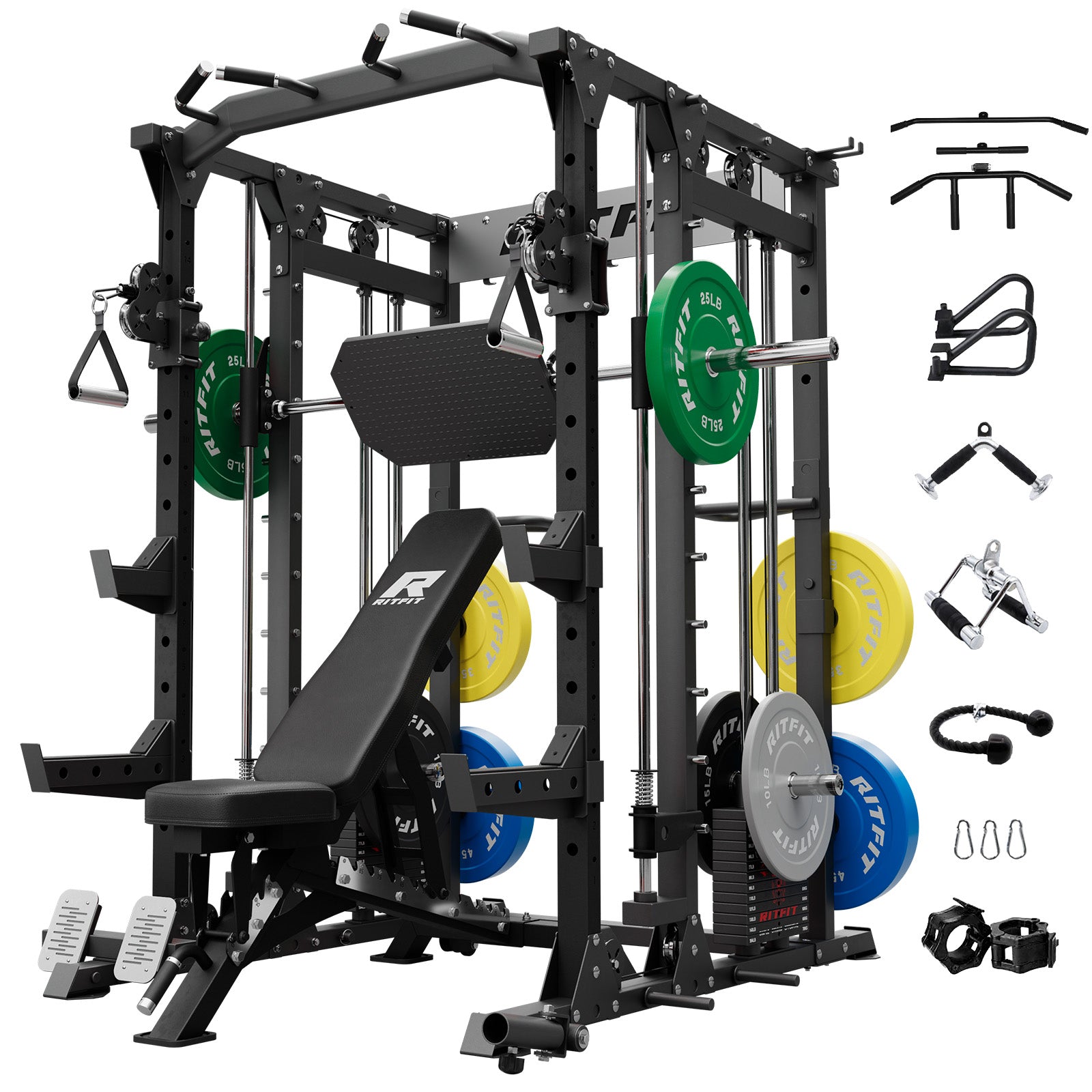 RitFit Buffalo Smith Machine home gym package with weight stack, featuring a sturdy steel frame and adjustable barbell supports.