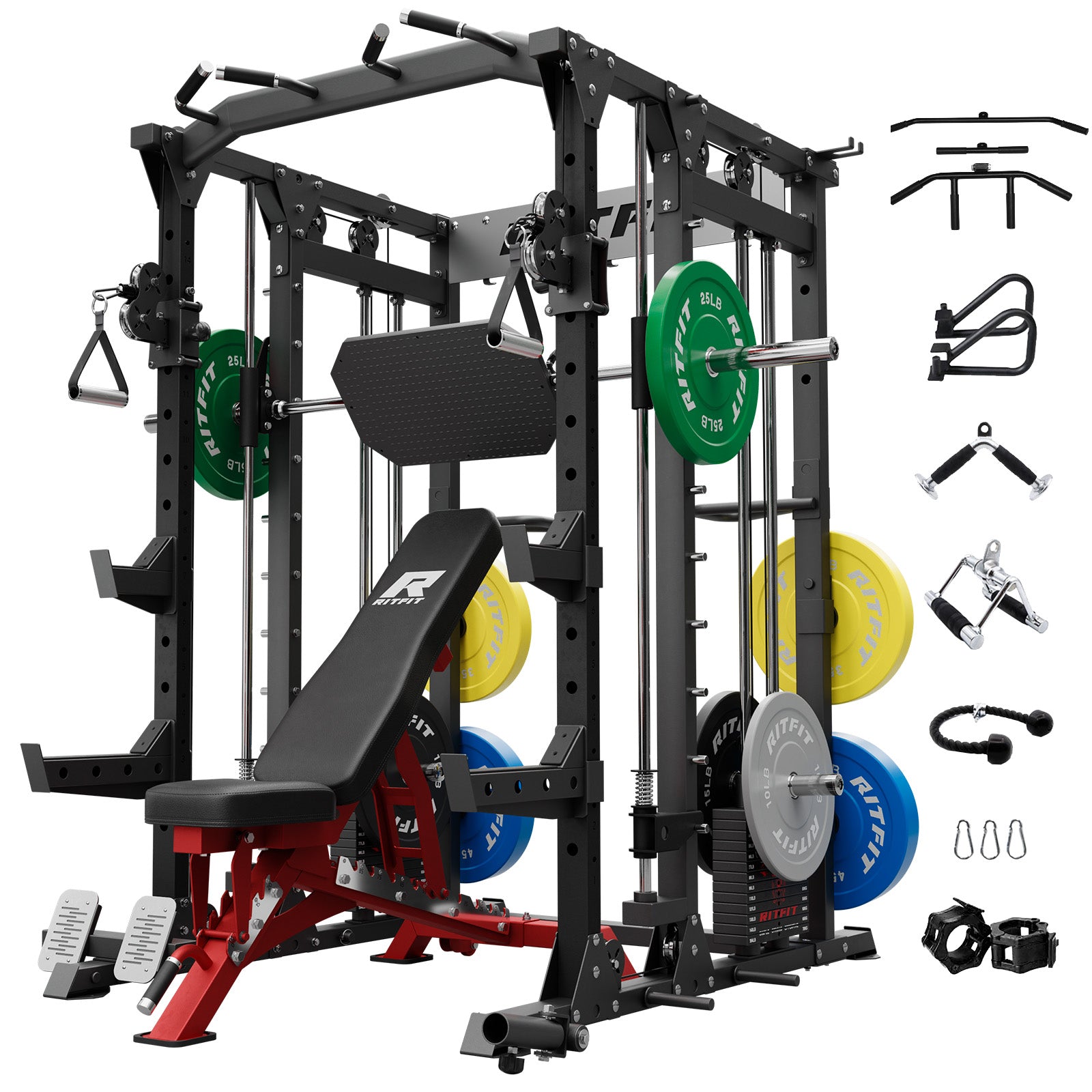 RitFit Buffalo Smith Machine home gym package with weight stack, featuring a steel frame and adjustable safety bars for strength training.