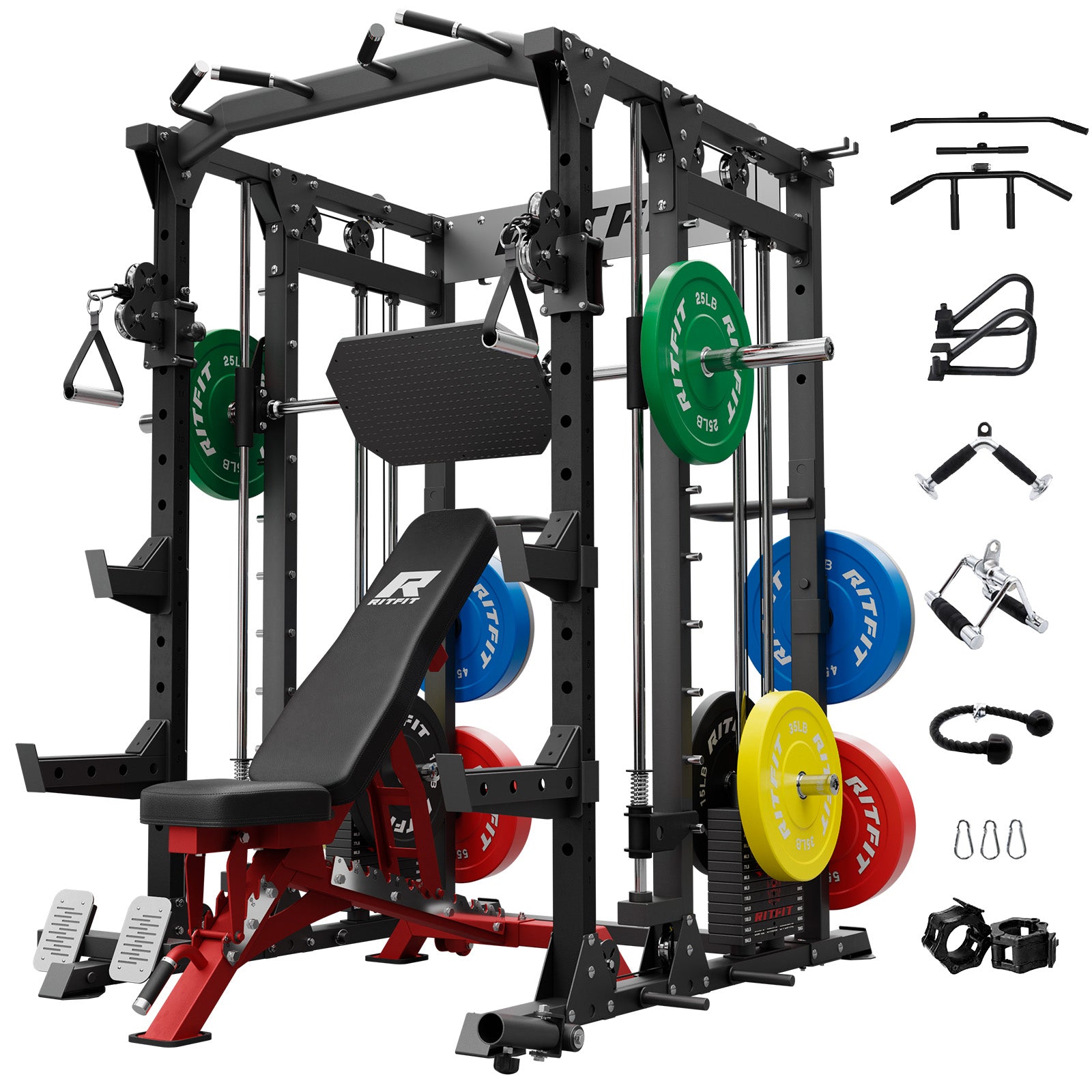 RitFit BUFFALO Smith Machine Home Gym Package with weight stack, featuring a sturdy metal frame and adjustable workout components.