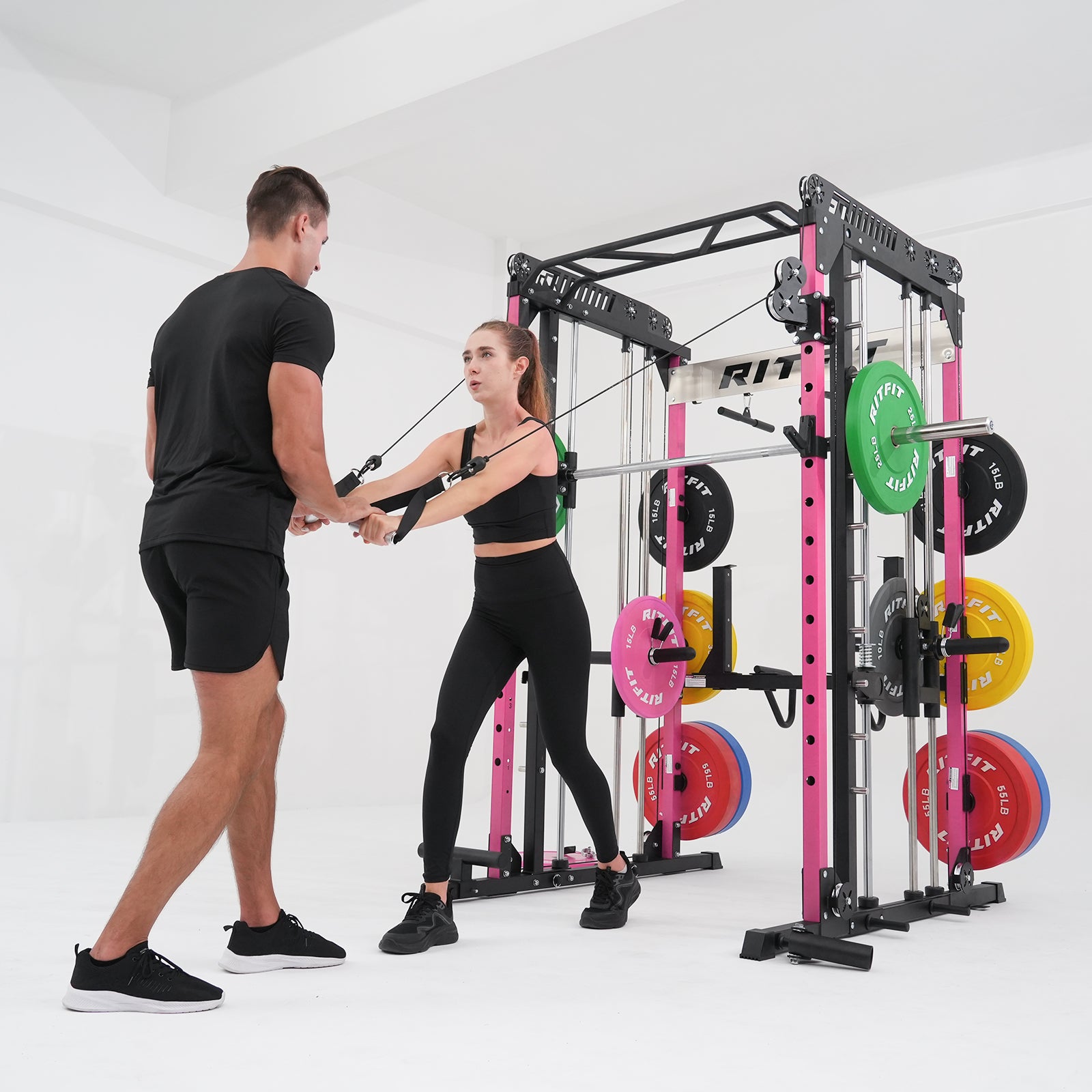 RitFit Pink M1 PRO Multi-Functional Smith Machine with Cable Crossover System and Squat Rack for Home Gym