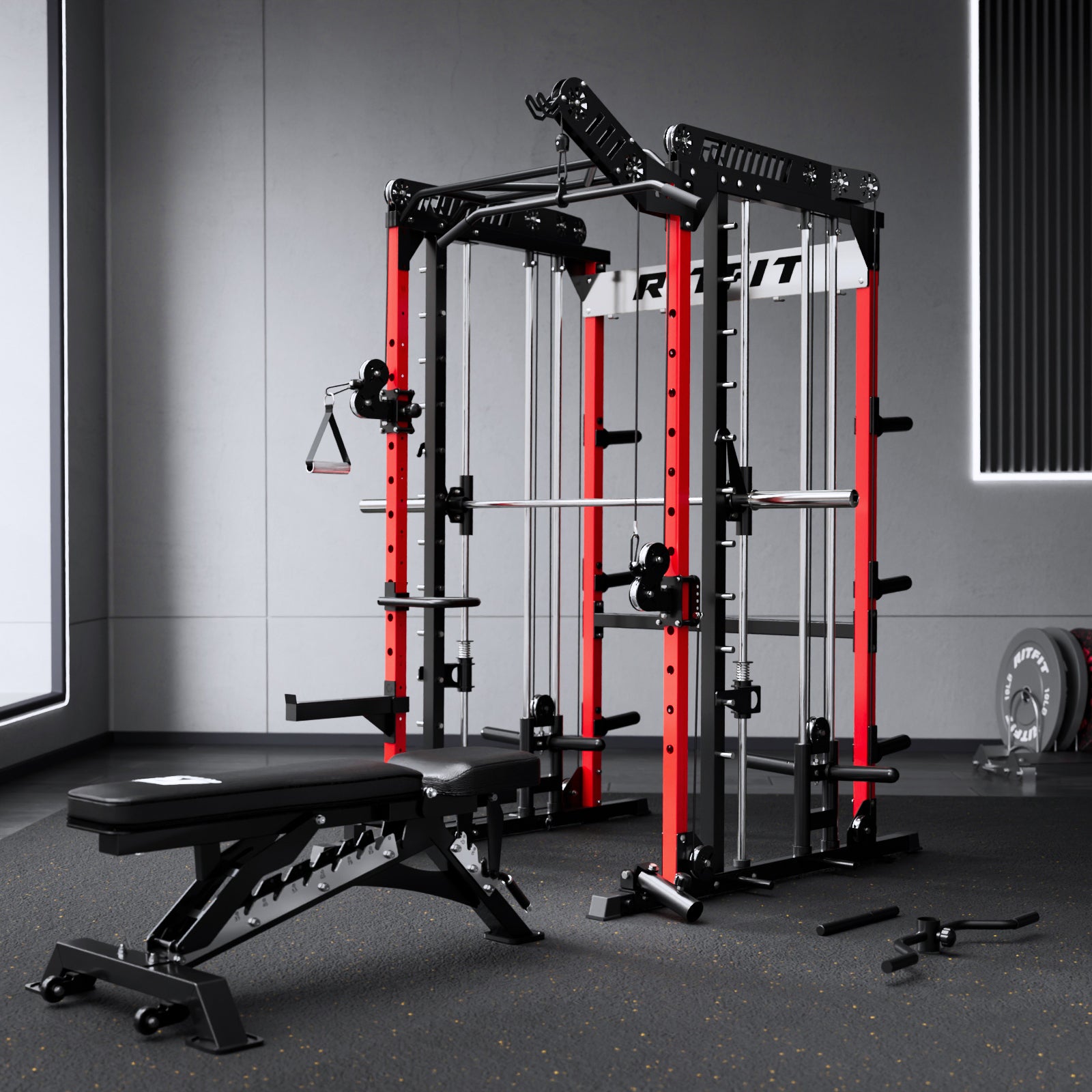 RitFit LDM1 Lat Pulldown Attachment for M1 PRO gym equipment, shown attached with handles for strength training exercises.
