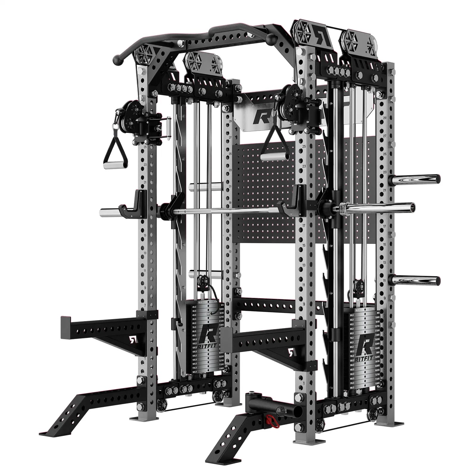 RitFit M3 Home Gym Smith Machine rack with cable crossover, black and silver color, showcasing sturdy workout equipment.