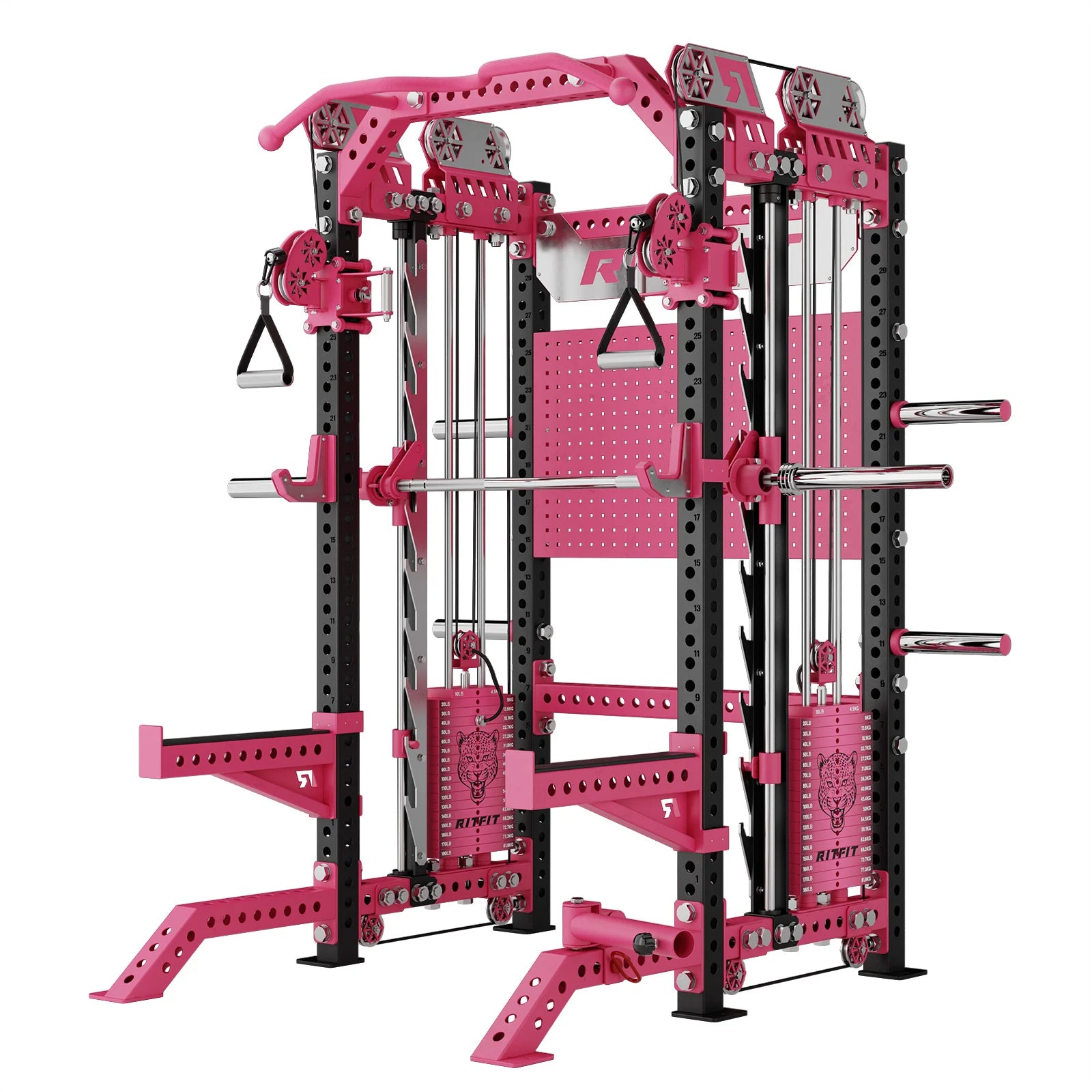 RitFit M3 Home Gym Smith Machine with Cable Crossover, pink and black power rack on white background.