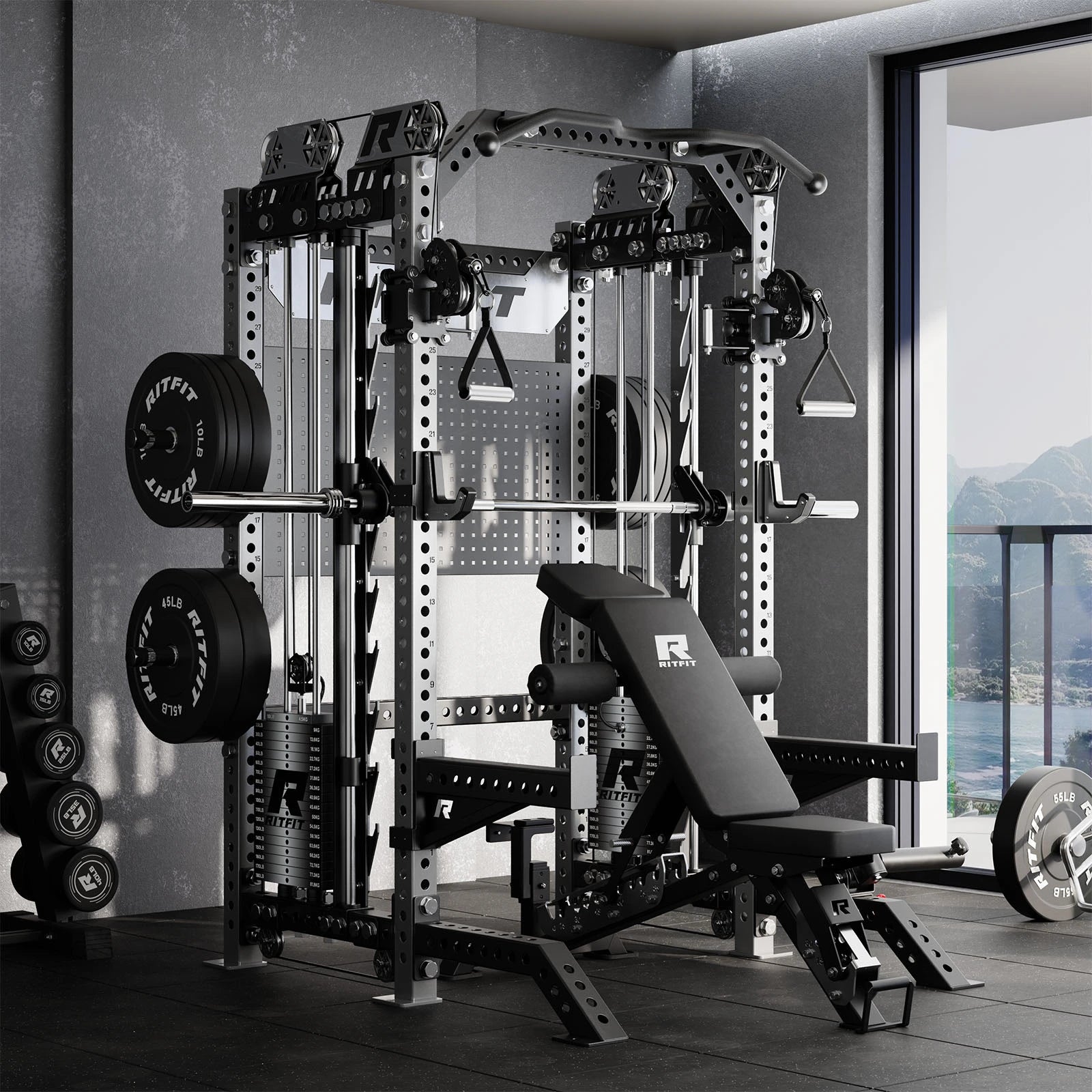 RitFit M3 Home Gym Smith Machine with Cable Crossover rack in a modern workout space with gym equipment and weights.