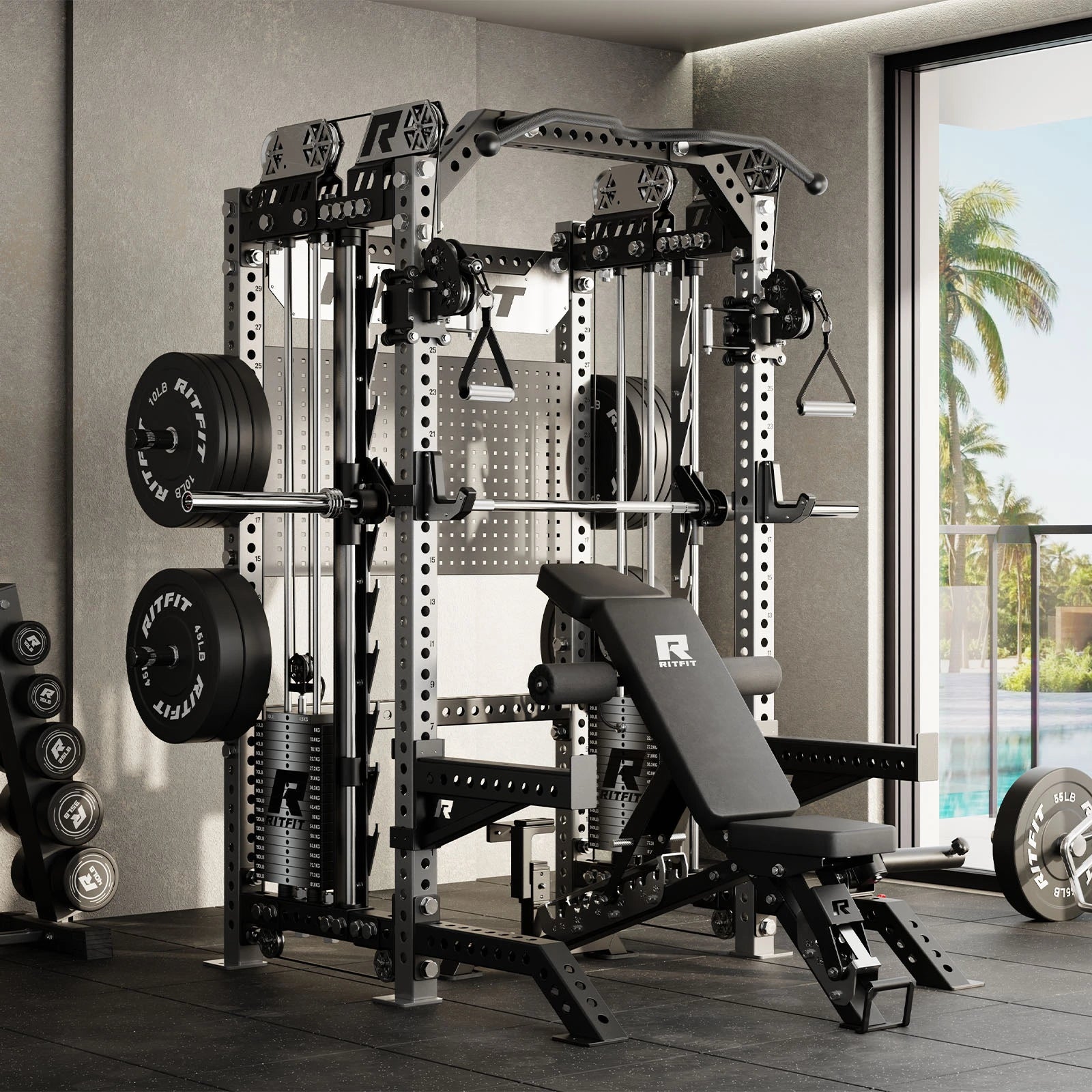 RitFit M3 Home Gym Smith Machine with cable crossover and racks, set in a modern workout space with tropical decor.
