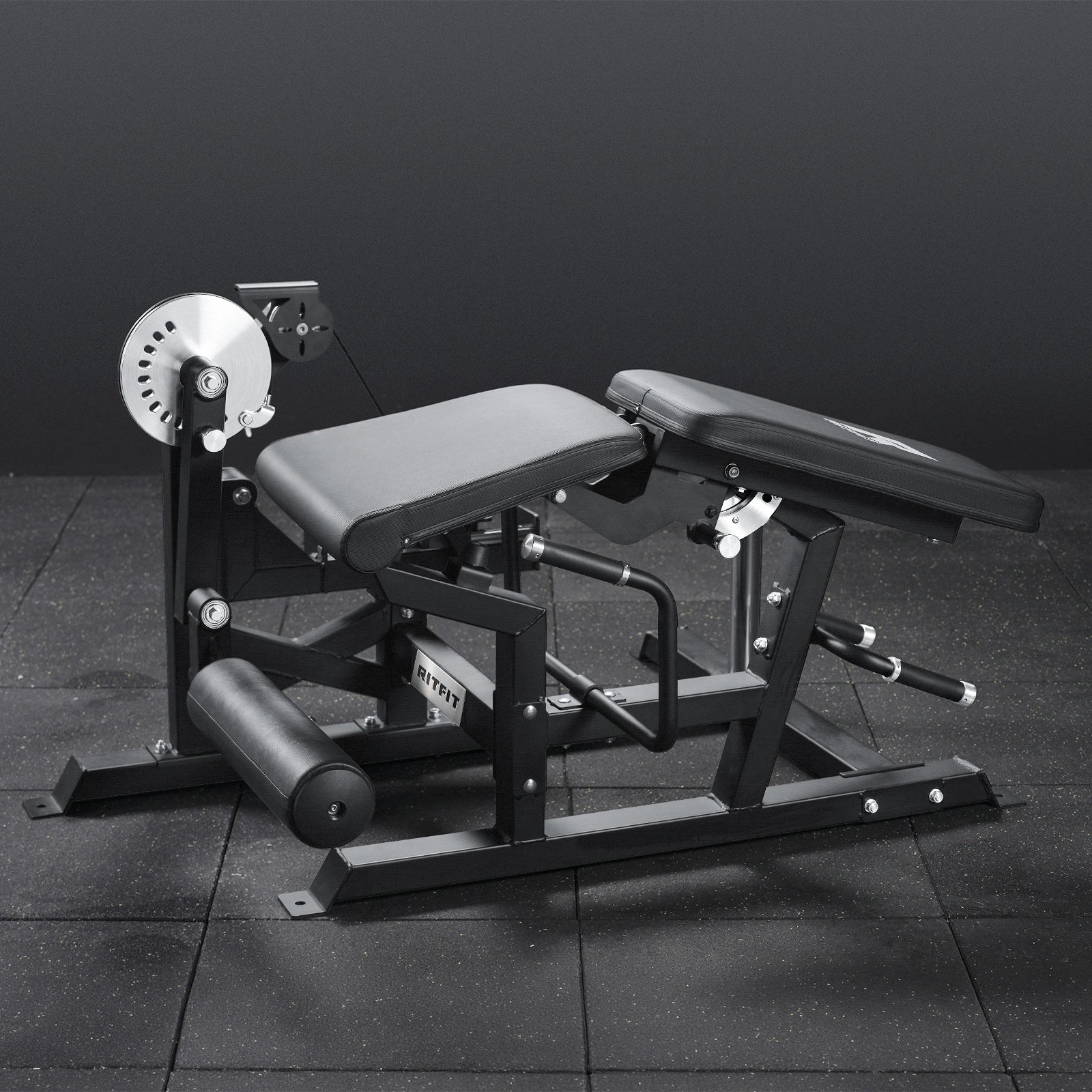 RitFit Mustang PRO Leg Extension Curl Machine for strength training, featuring padded leg supports and adjustable settings.