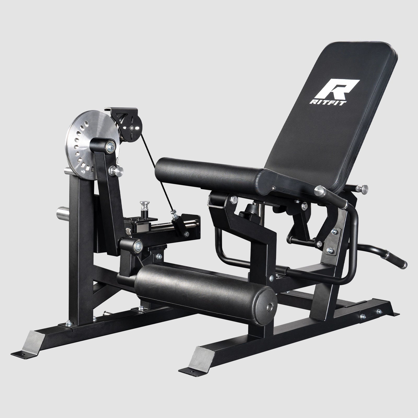 RitFit Mustang PRO leg extension and curl machine in grey, showing the front right view with padded seat and adjustable leg supports.