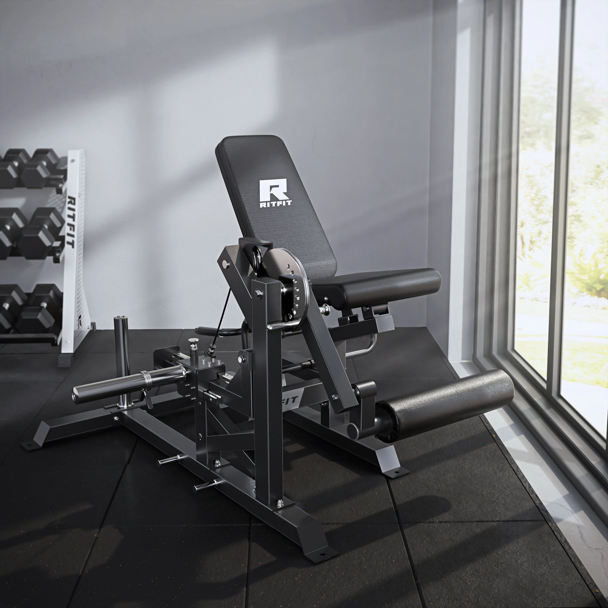 RitFit Mustang PRO Leg Extension and Curl Machine for leg strength training with padded seat and weight adjustment.
