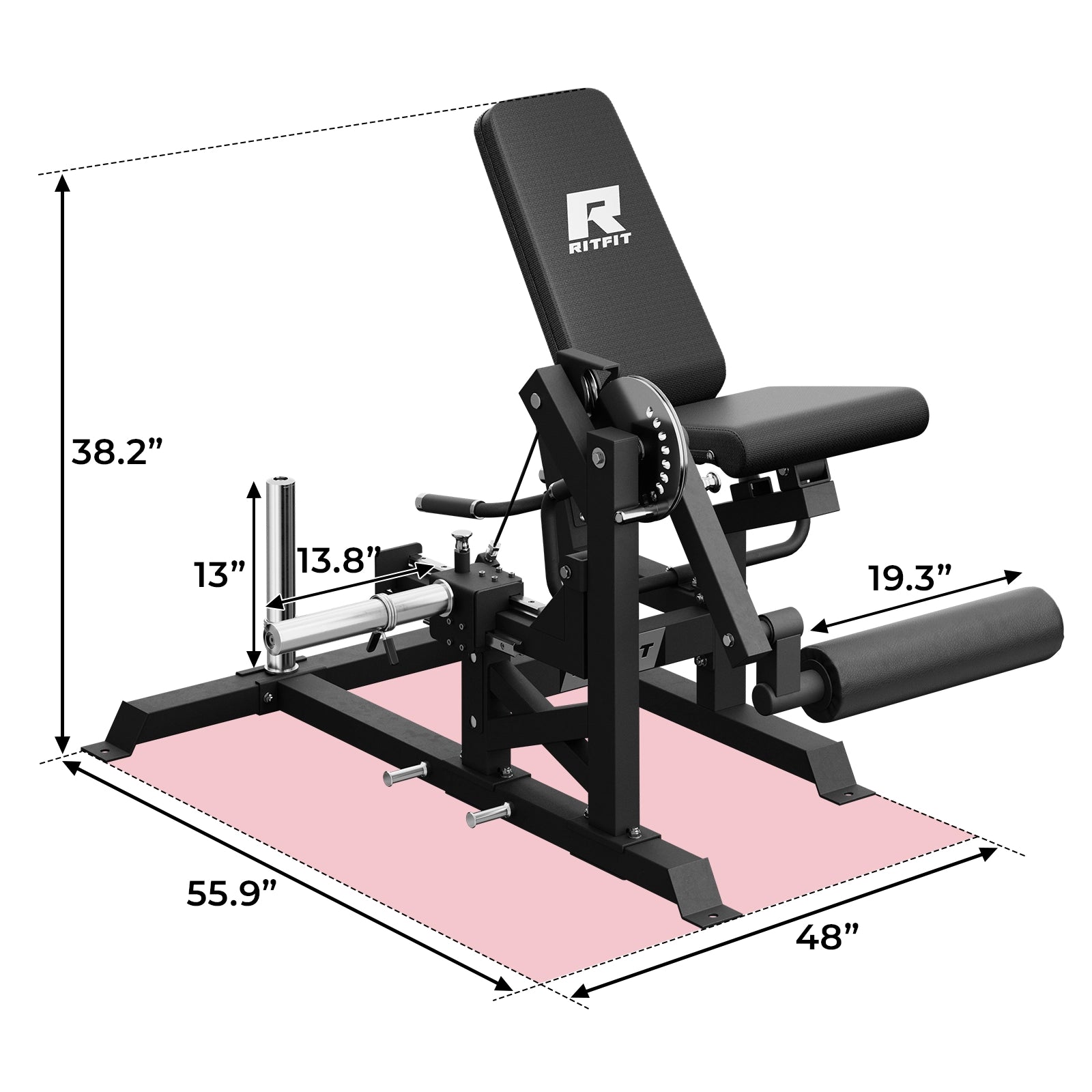 RitFit Mustang PRO Leg Extension Curl Machine for strength training, featuring padded seat and adjustable leg supports.