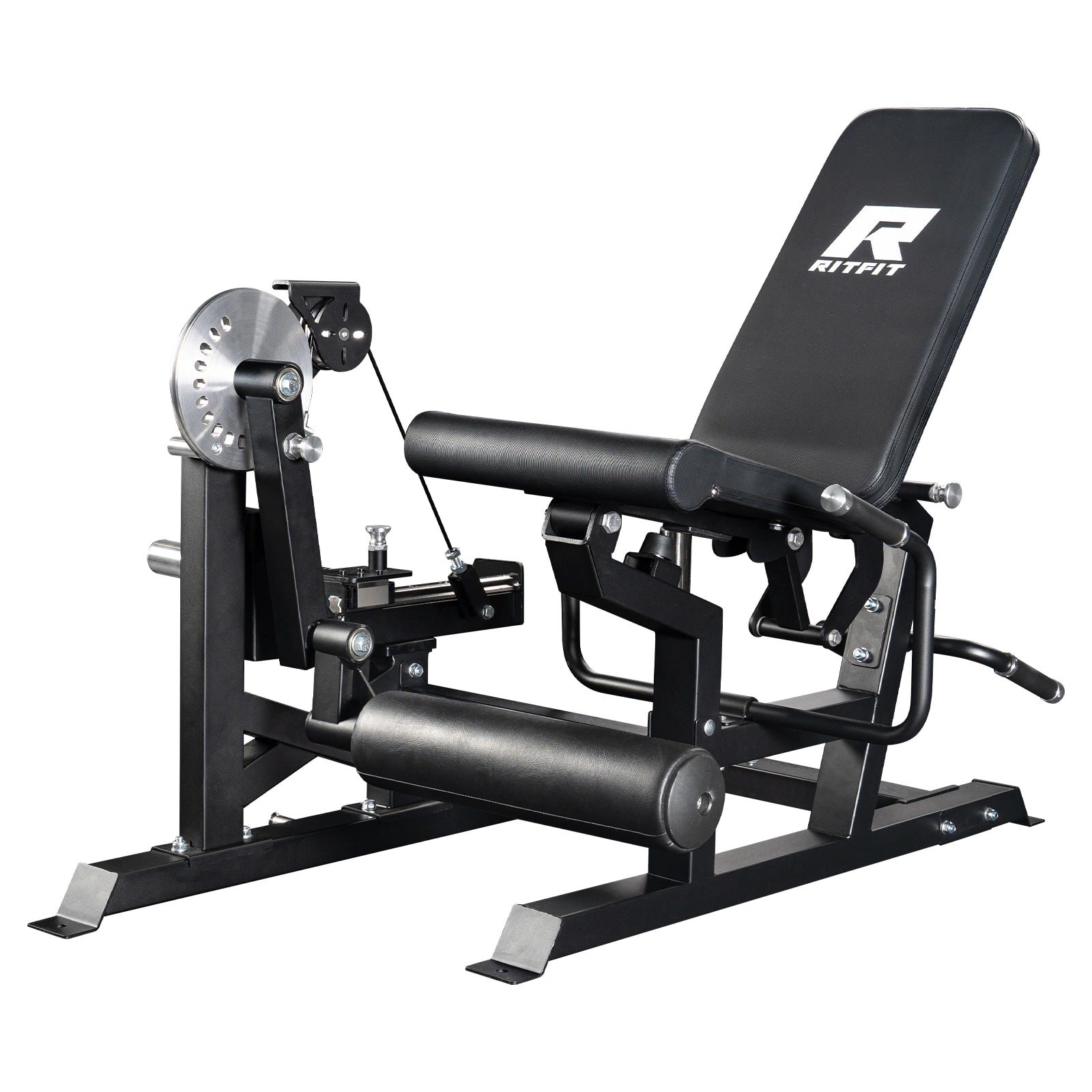 RitFit Mustang PRO leg extension and curl machine in white, showing front-right view for strength training exercises.