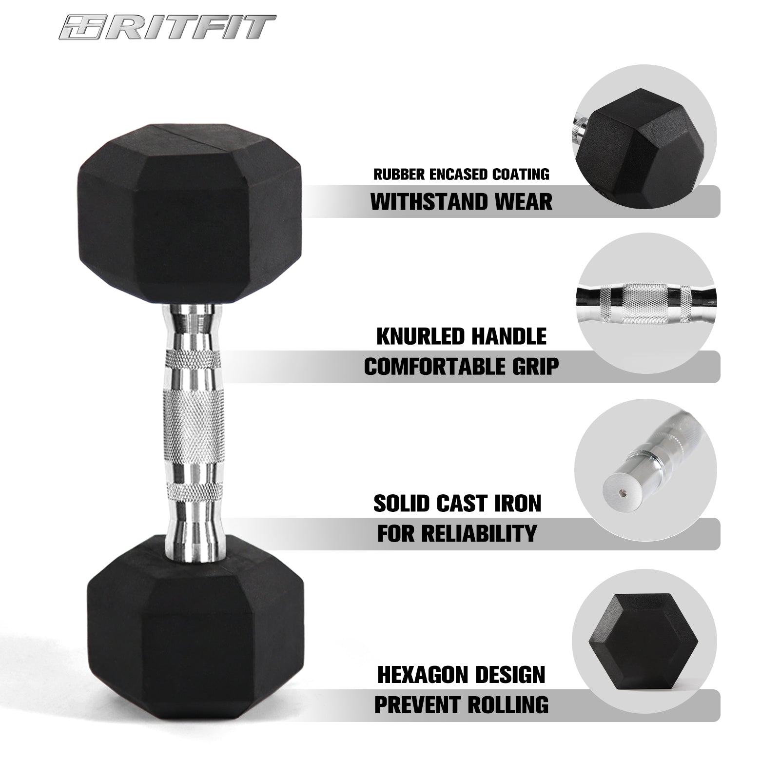 RitFit Rubber Hex Dumbbells Set with Rack, A-Frame Dumbbell Rack Weight RitFit