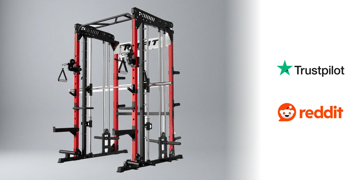 RitFit M1 PRO Smith machine with Trustpilot and Reddit logos, illustrating a 2026 non-commercial buyer review.