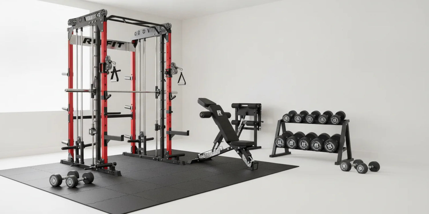 RitFit house gym setup with M1 smith machine, adjustable weight bench, and dumbbell set with rack